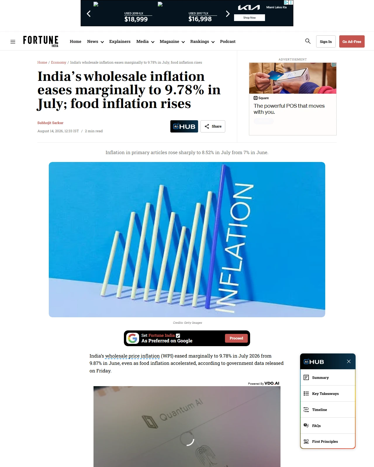 fortuneindia.com as published: India’s wholesale inflation eases marginally to 9.78% in July; food inflation rises