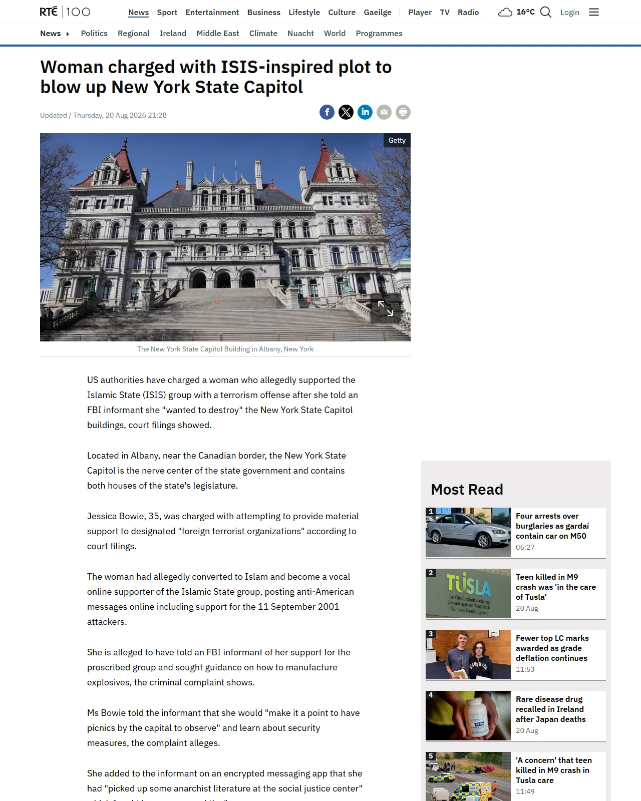 rte.ie as published: Woman charged with plot to blow up New York State Capitol