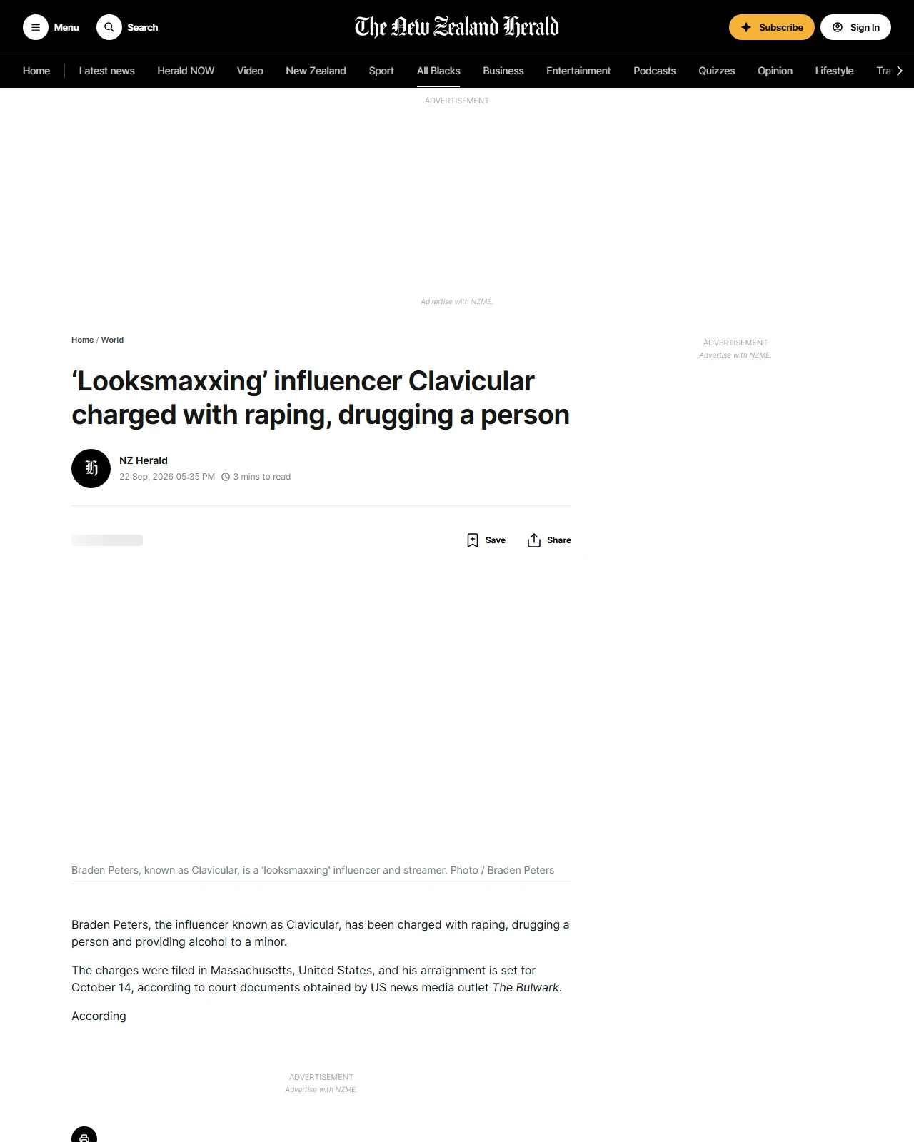 nzherald.co.nz as published: ‘Looksmaxxing’ influencer Clavicular charged with raping, drugging a person
