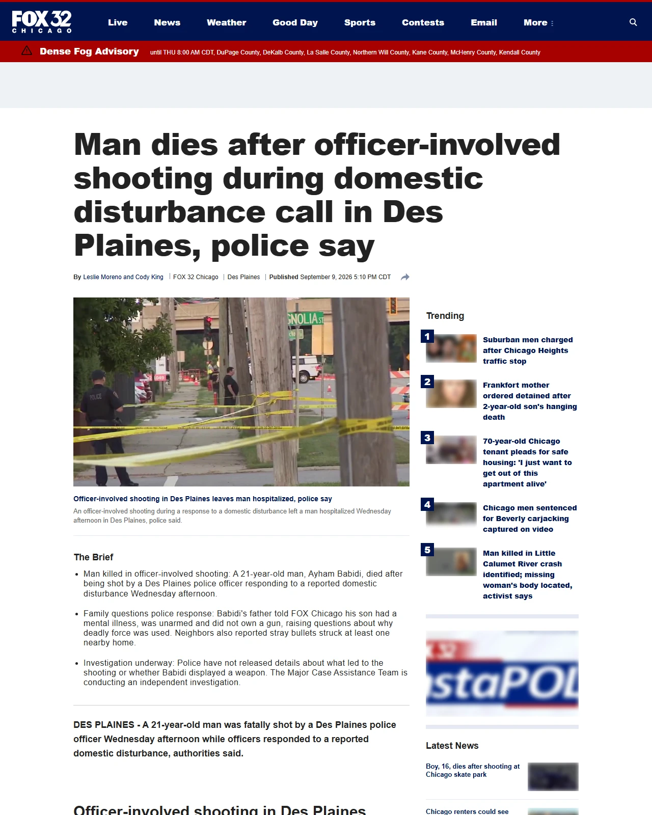 fox32chicago.com as published: Officer-involved shooting in Des Plaines leaves man hospitalized, police say