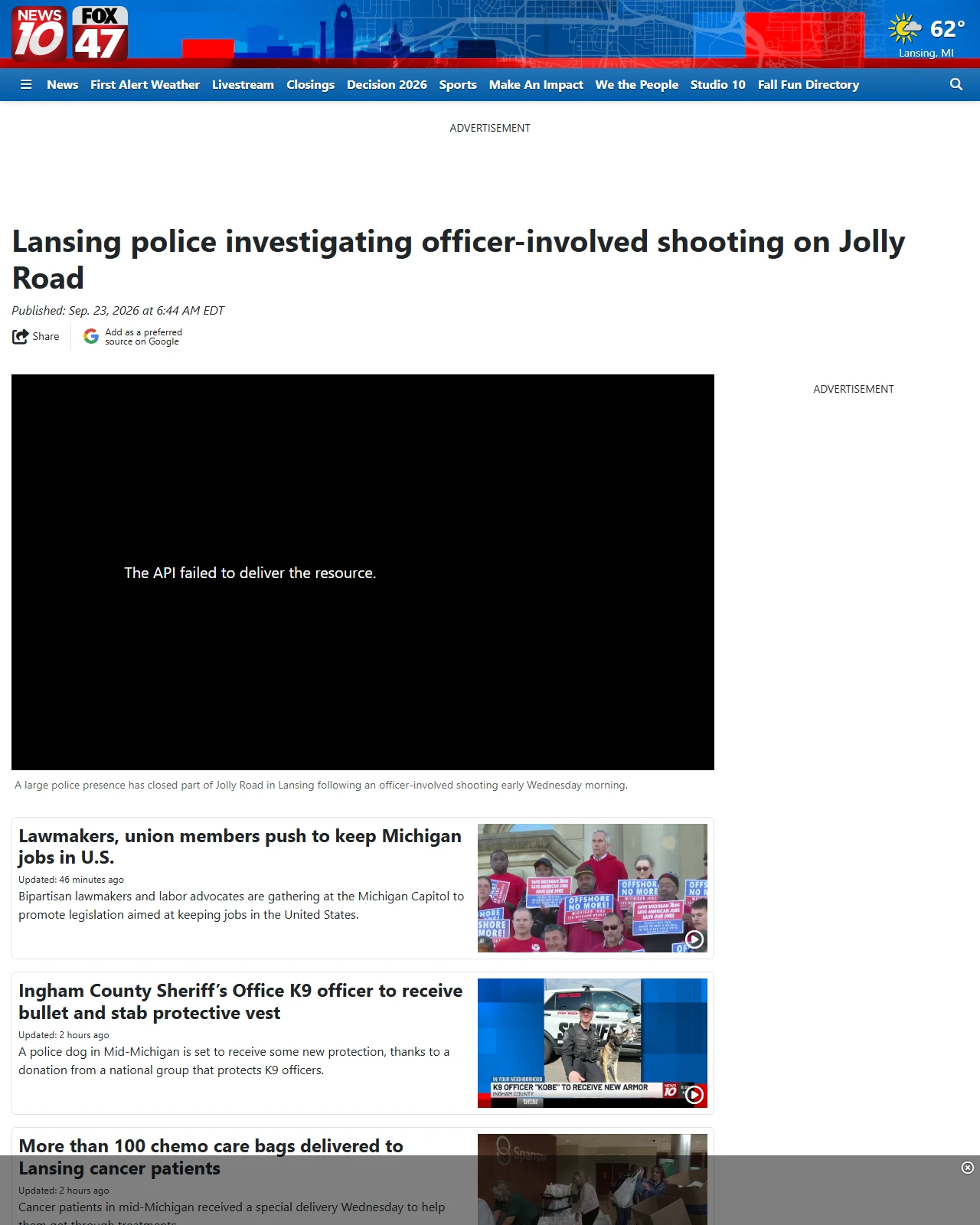 wilx.com as published: Lansing police investigating officer-involved shooting on Jolly Road