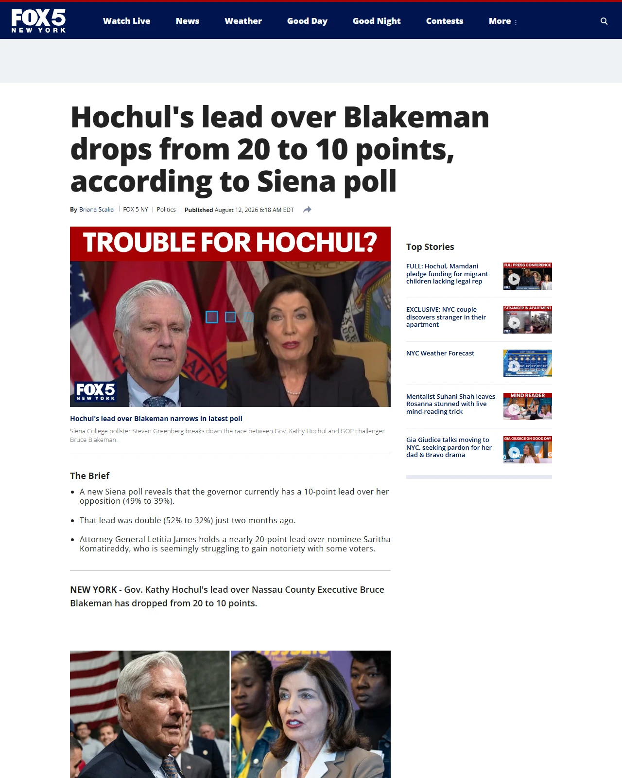 fox5ny.com as published: Hochul's lead over Blakeman narrows in latest poll
