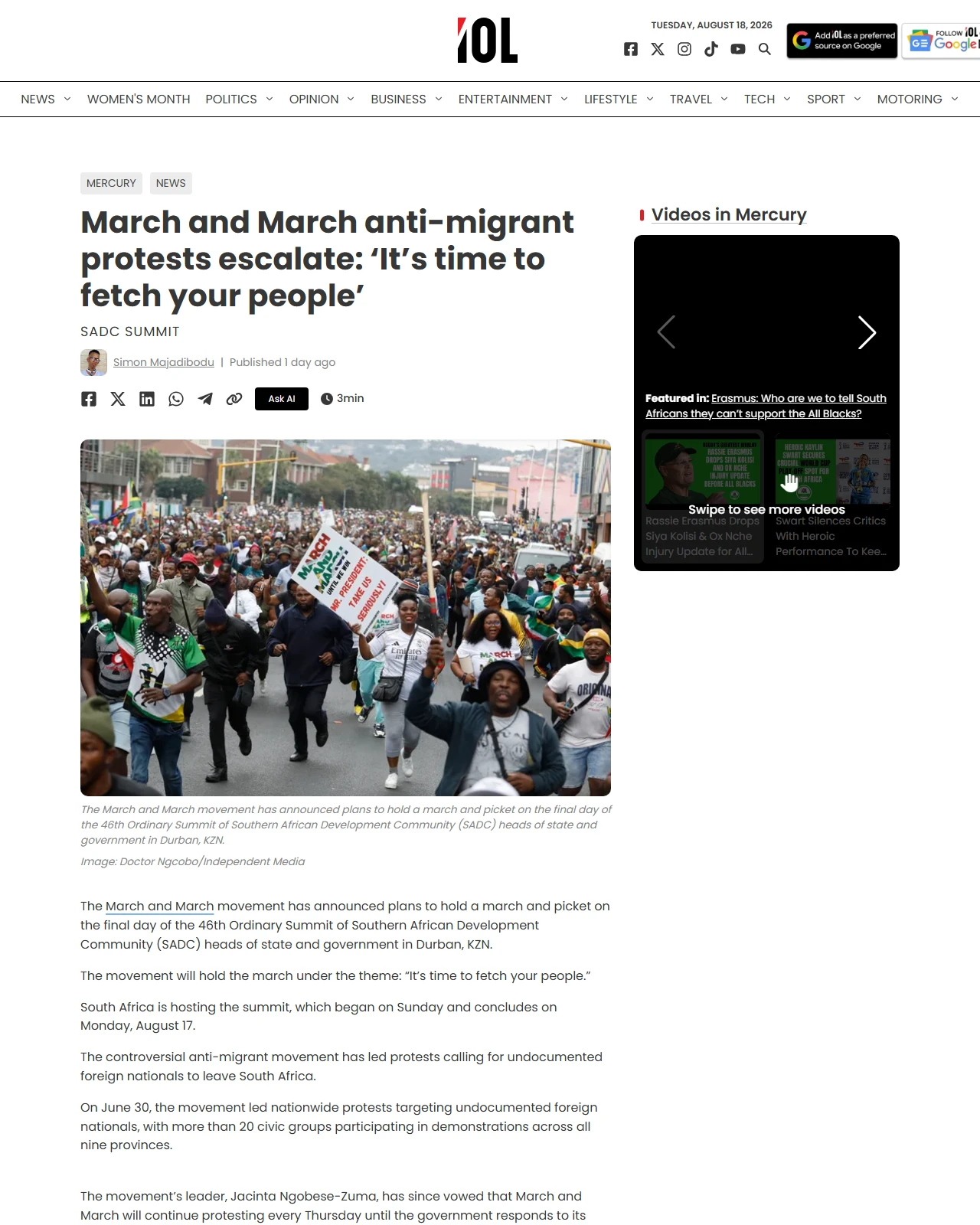 iol.co.za as published: March and March anti-migrant protests escalate: ‘It’s time to fetch your people’