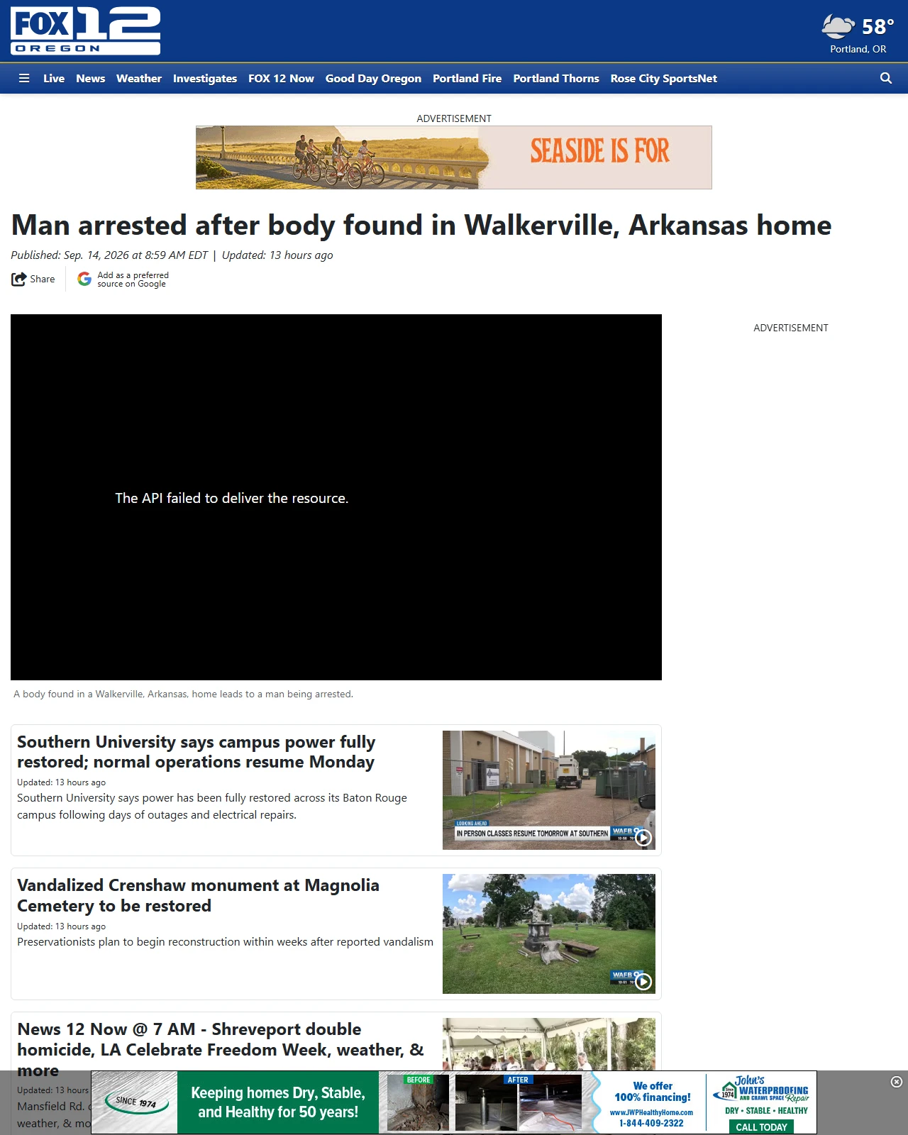kptv.com as published: Man arrested after body found in Walkerville, Arkansas home