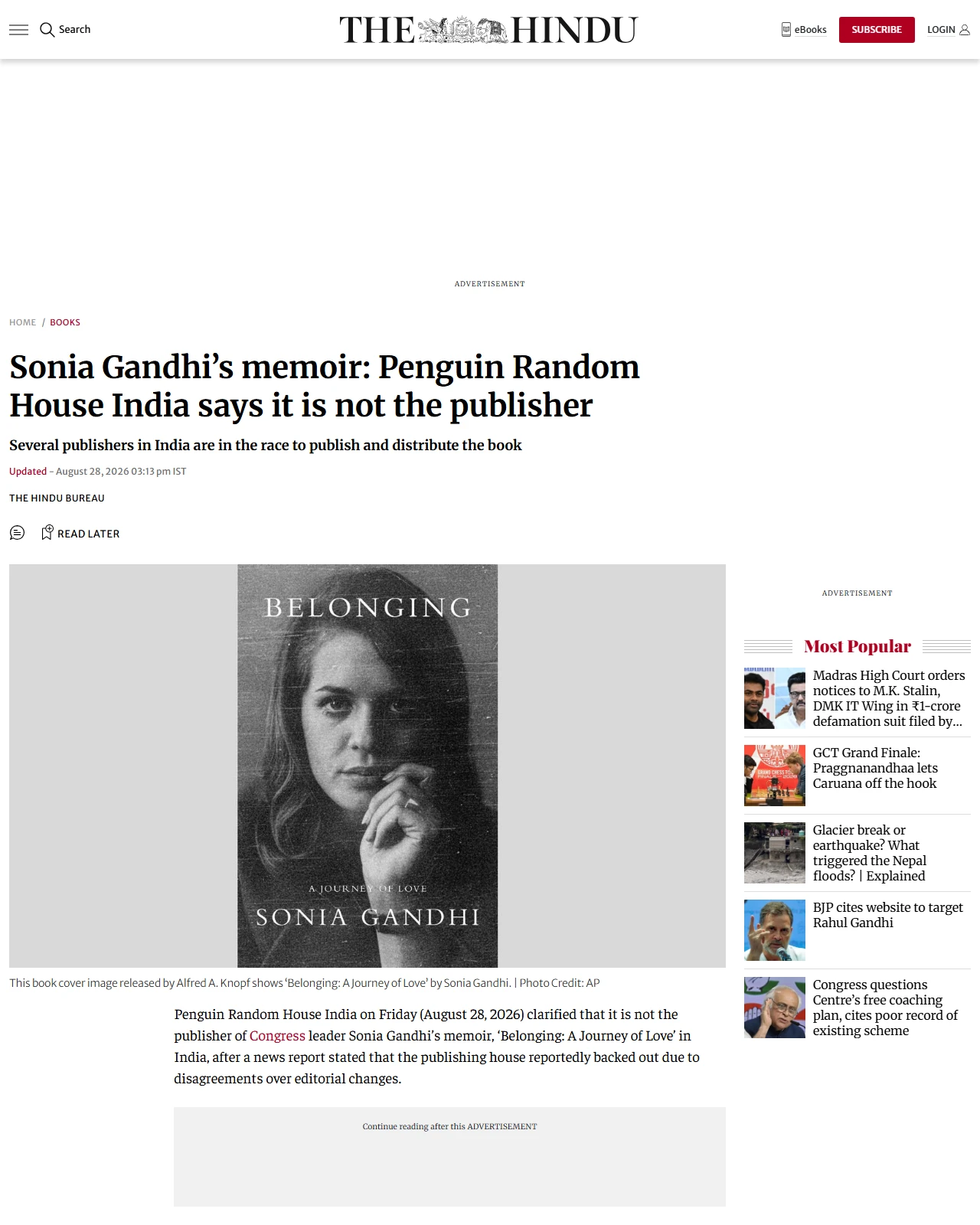 thehindu.com as published: Sonia Gandhi’s memoir: Penguin Random House India says it is not the publisher