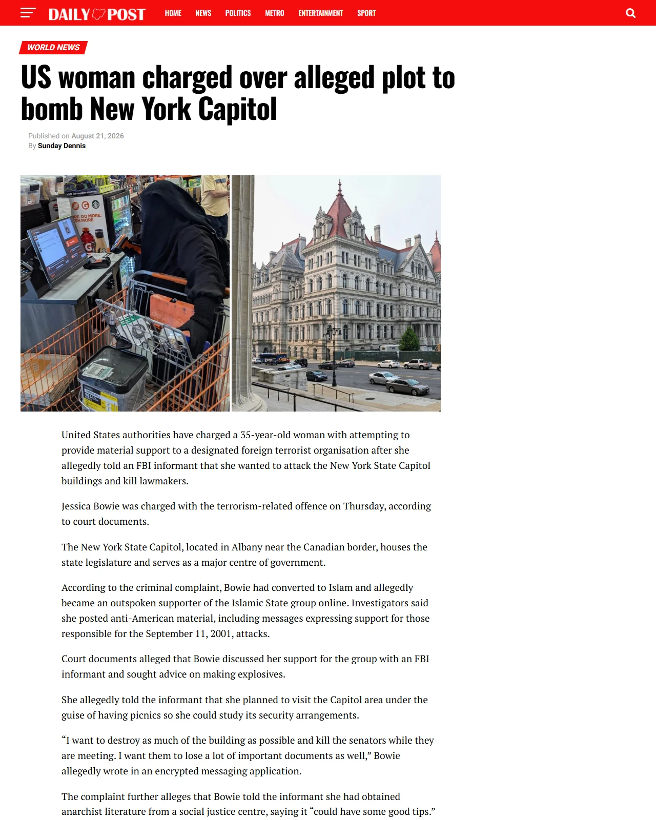 dailypost.ng as published: US woman charged over alleged plot to bomb New York Capitol