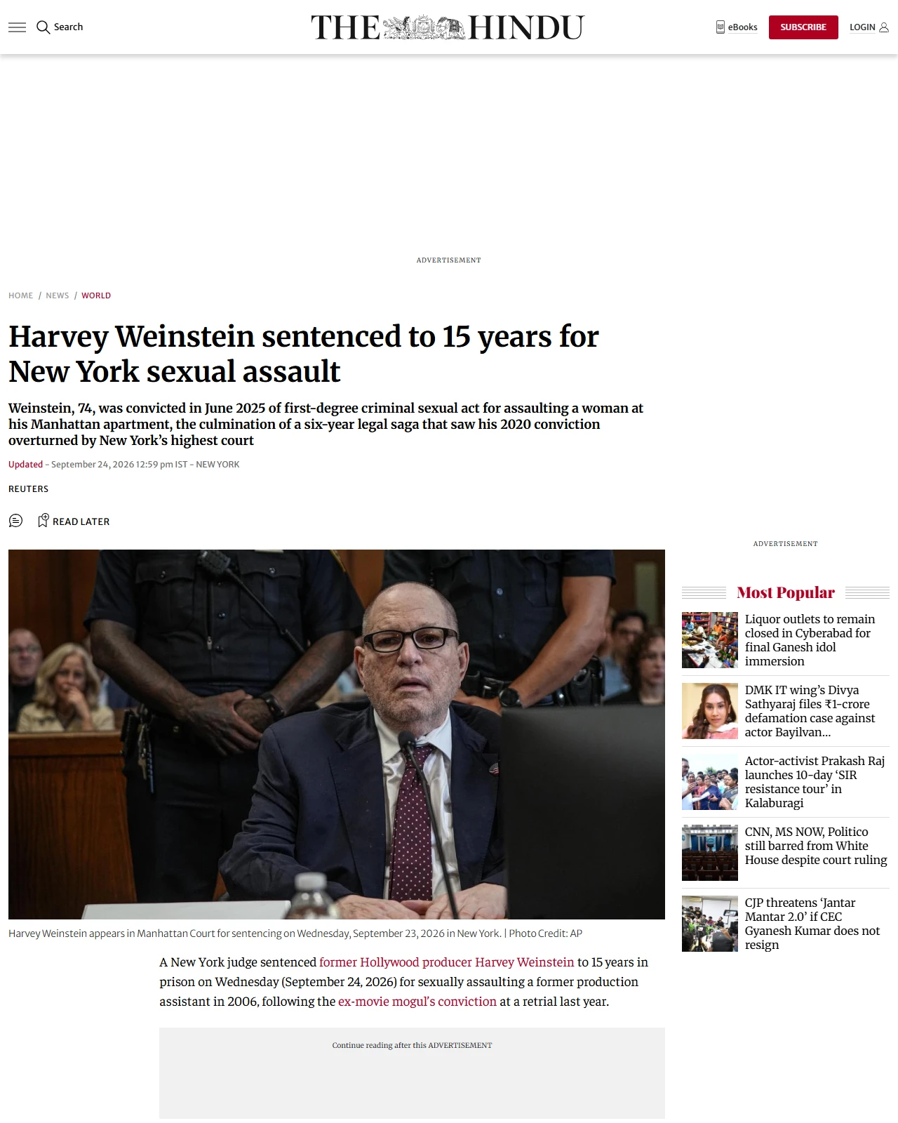 thehindu.com as published: Harvey Weinstein sentenced to 15 years for New York sexual assault