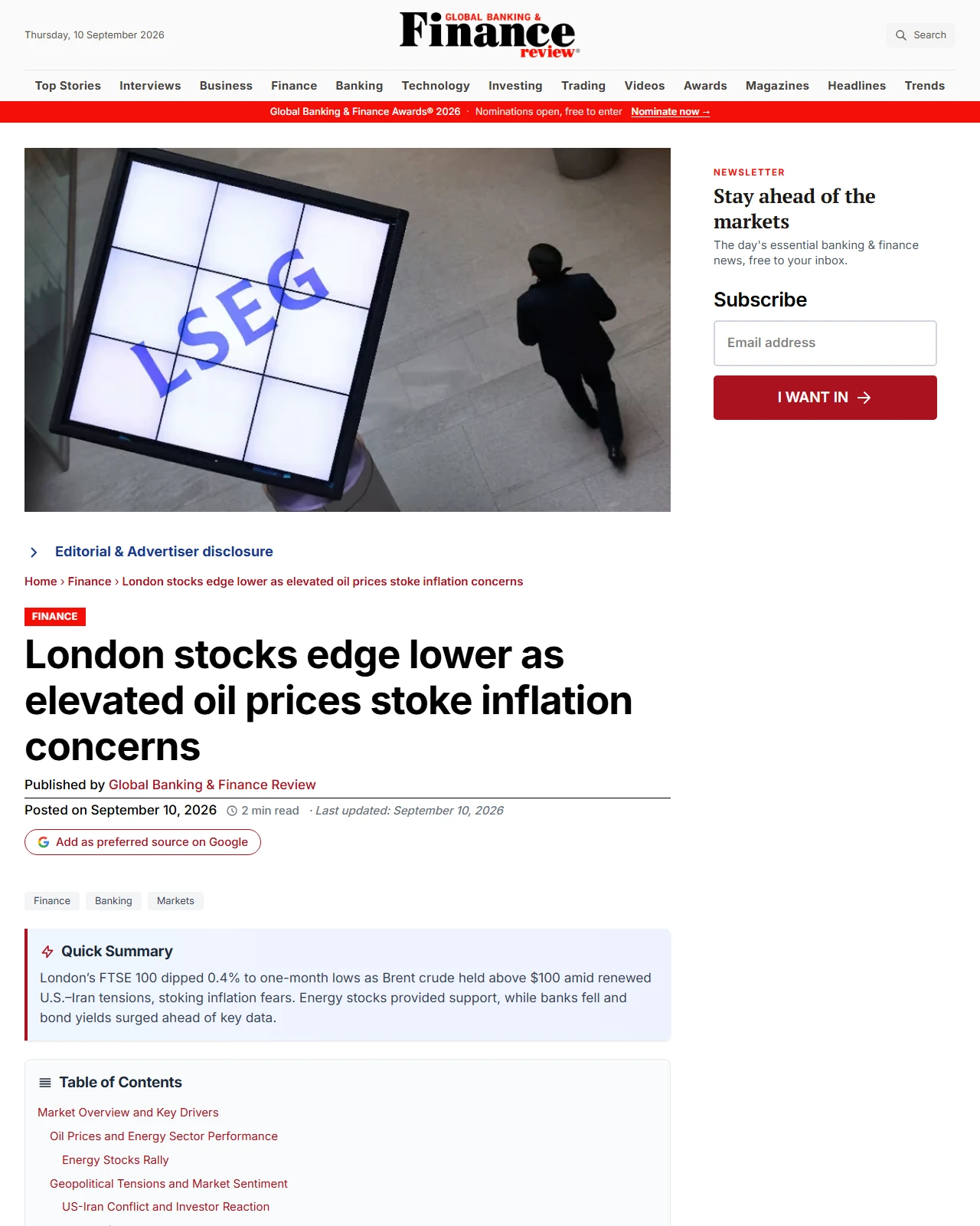 globalbankingandfinance.com as published: London Stocks Dip as High Oil Prices Heighten Inflation Fears