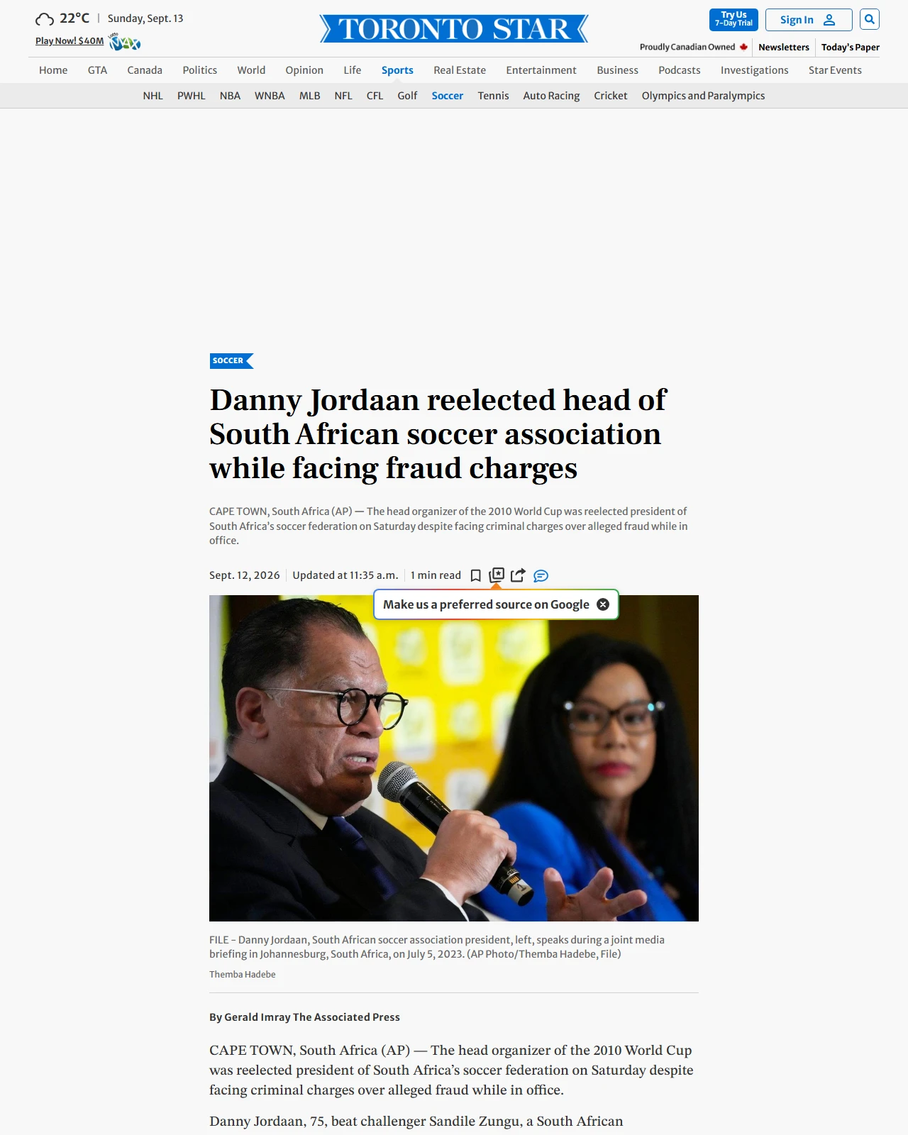 thestar.com as published: Danny Jordaan reelected head of South African soccer association while facing fraud charges