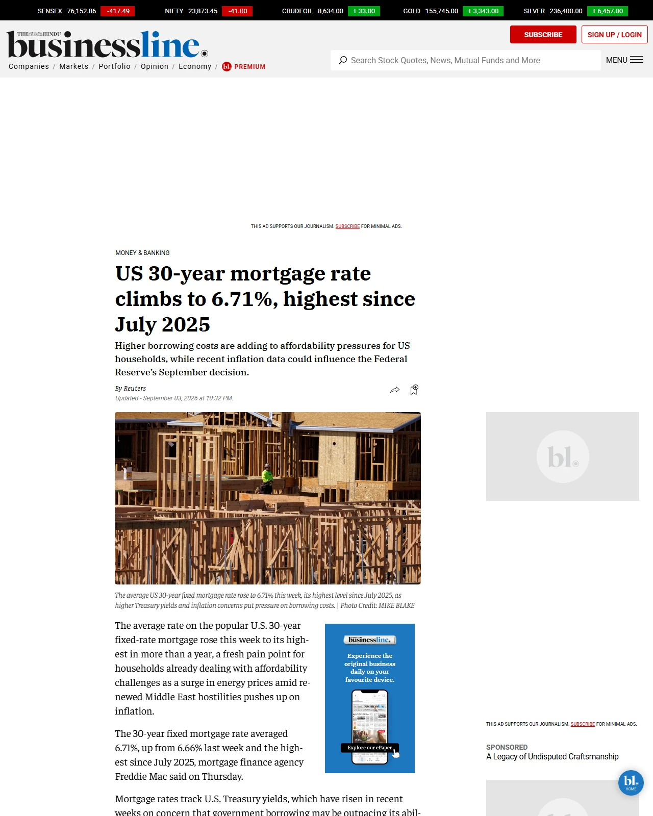 thehindubusinessline.com as published: US 30-year mortgage rate rises to 6.71%, highest since July 2025