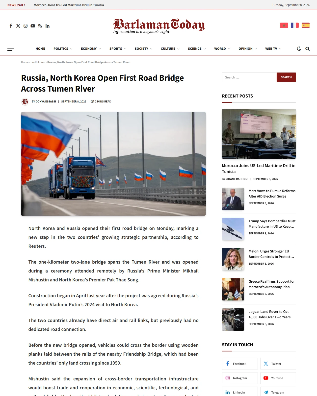 barlamantoday.com as published: Russia, North Korea Open First Road Bridge Across Tumen River