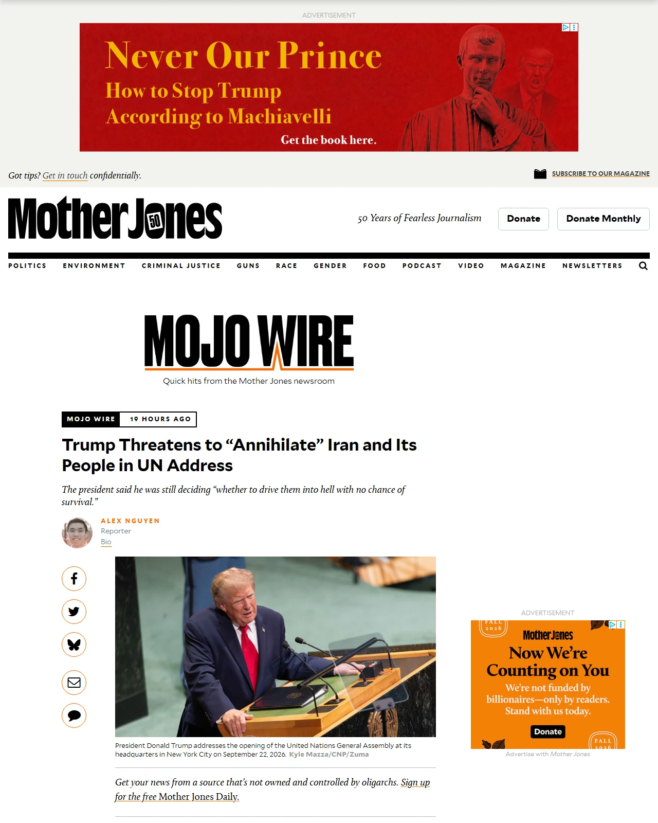 motherjones.com as published: Trump Threatens to “Annihilate” Iran and Its People in UN Address