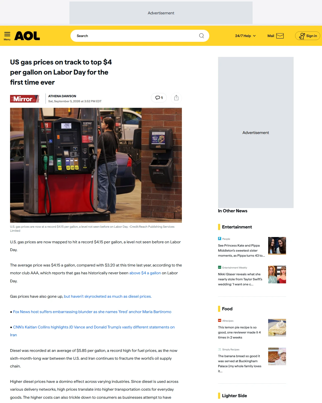 aol.com as published: US gas prices on track to top $4 per gallon on Labor Day for the first time ever
