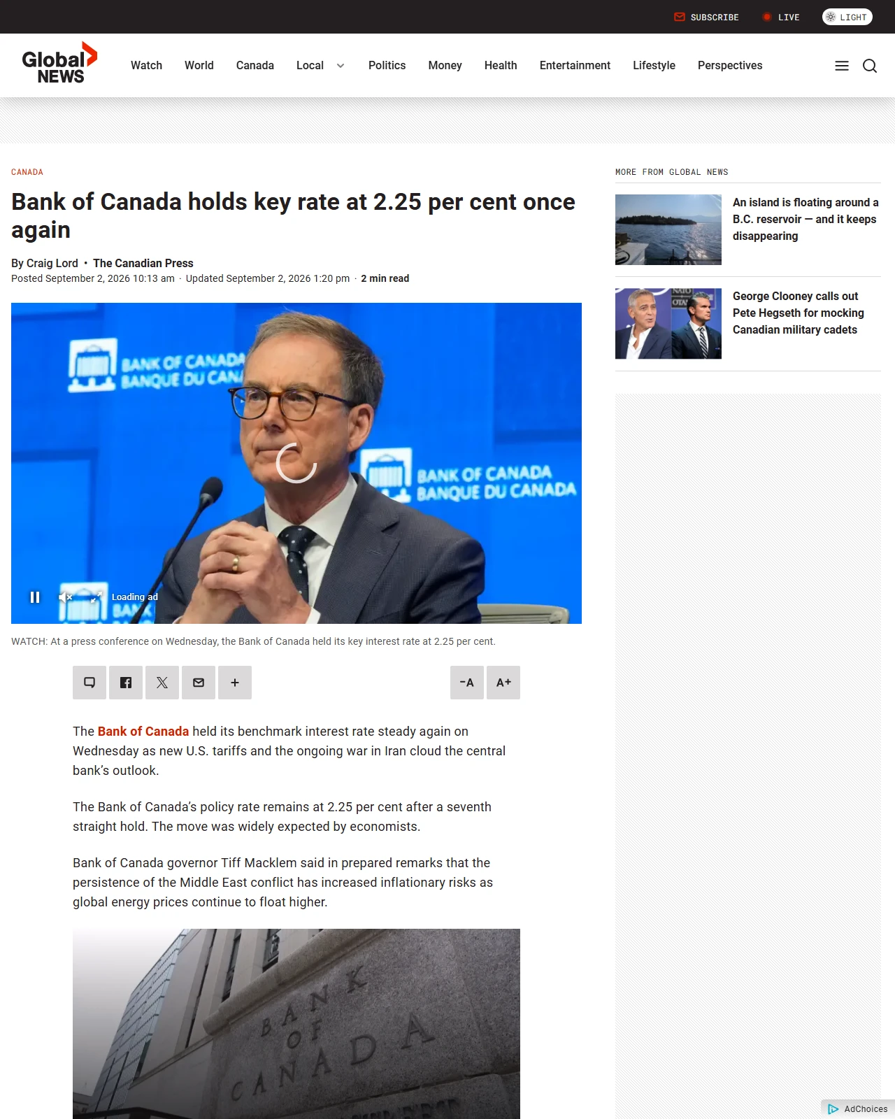 globalnews.ca as published: Bank of Canada holds key rate at 2.25 per cent once again - National