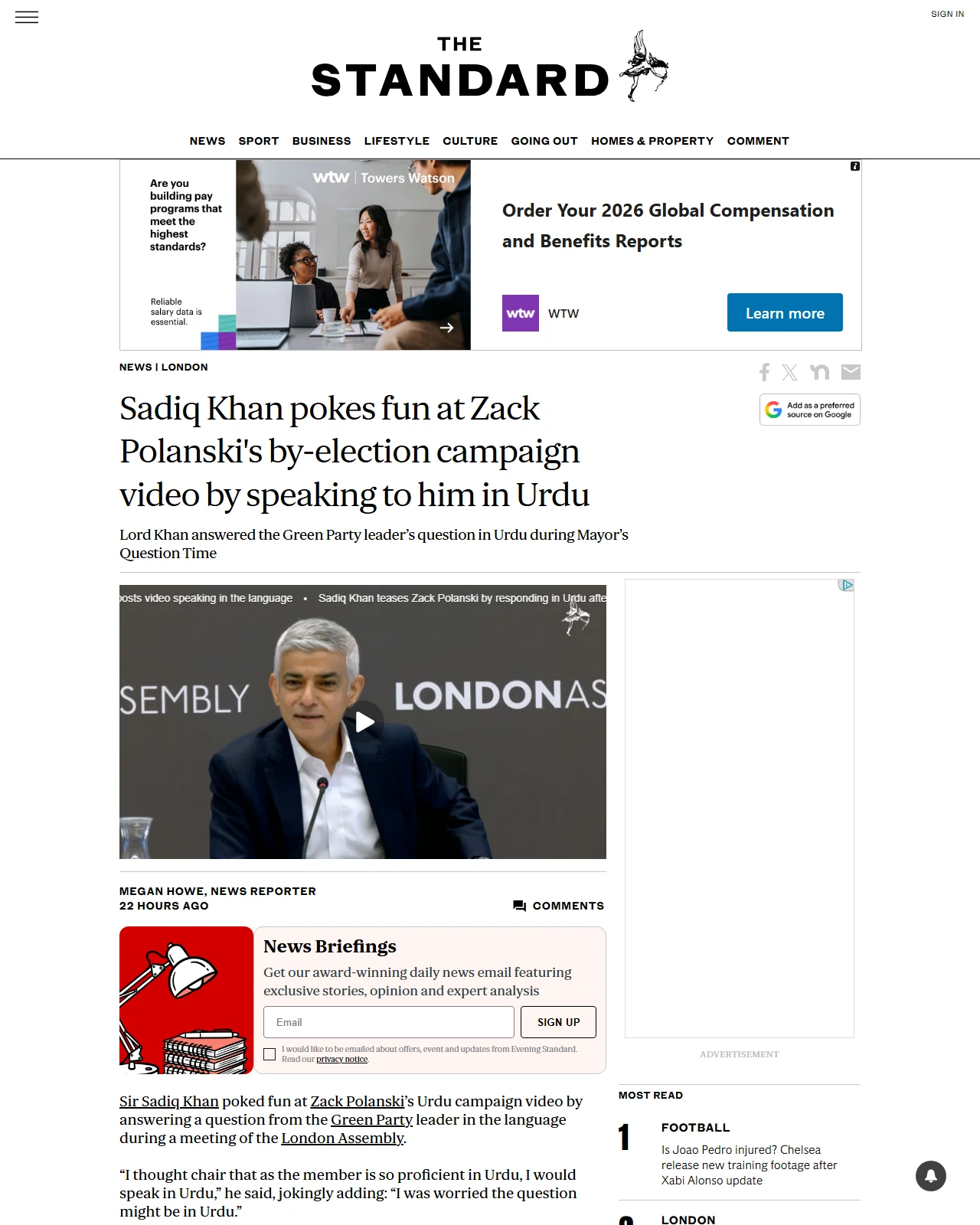 standard.co.uk as published: Sadiq Khan pokes fun at Zack Polanski's by-election campaign video by speaking to him in Urdu