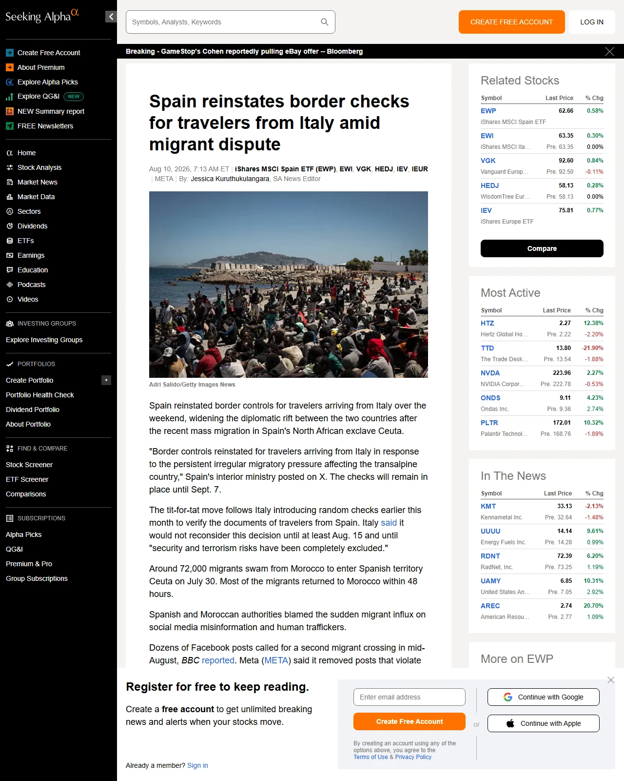 seekingalpha.com as published: Spain reinstates border checks for travelers from Italy amid migrant dispute