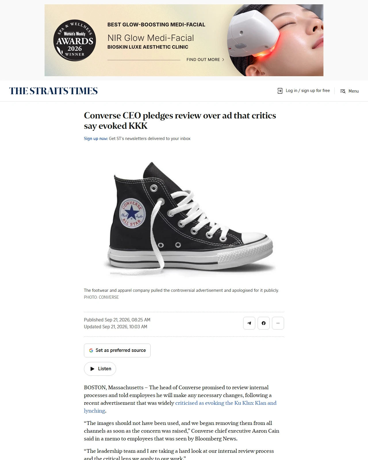 straitstimes.com as published: Converse CEO pledges review over ad that critics say evoked KKK