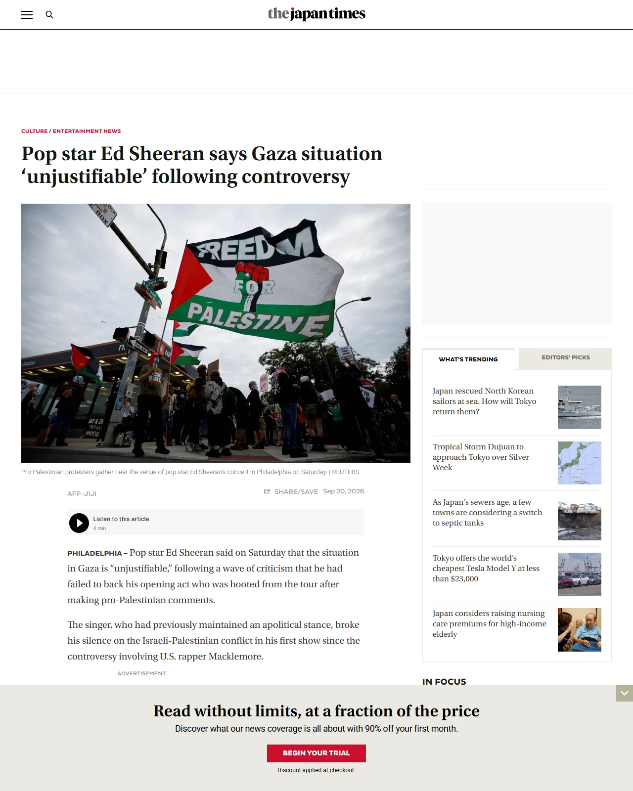 japantimes.co.jp as published: Pop star Ed Sheeran says Gaza situation ‘unjustifiable’ following controversy