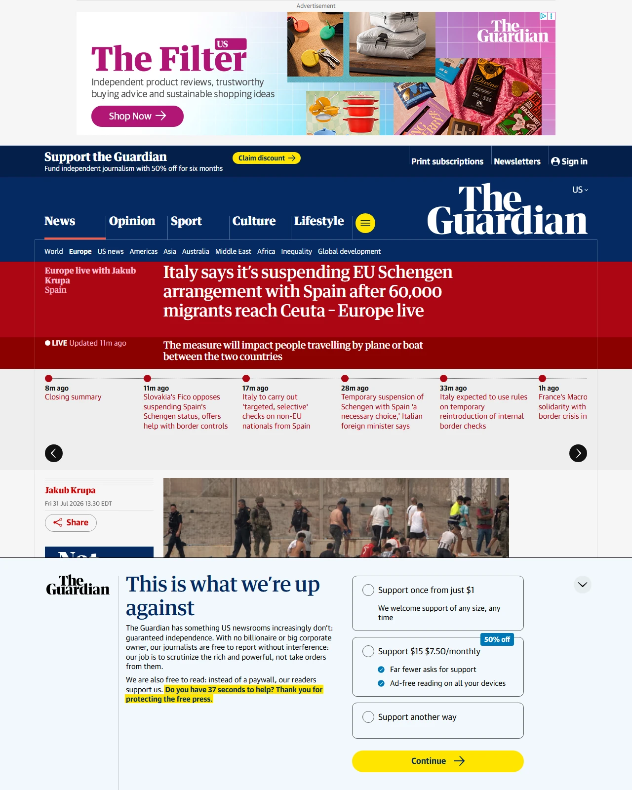 theguardian.com as published: Italy says it’s suspending EU Schengen arrangement with Spain after 60,000 migrants reach Ceuta – Europe live