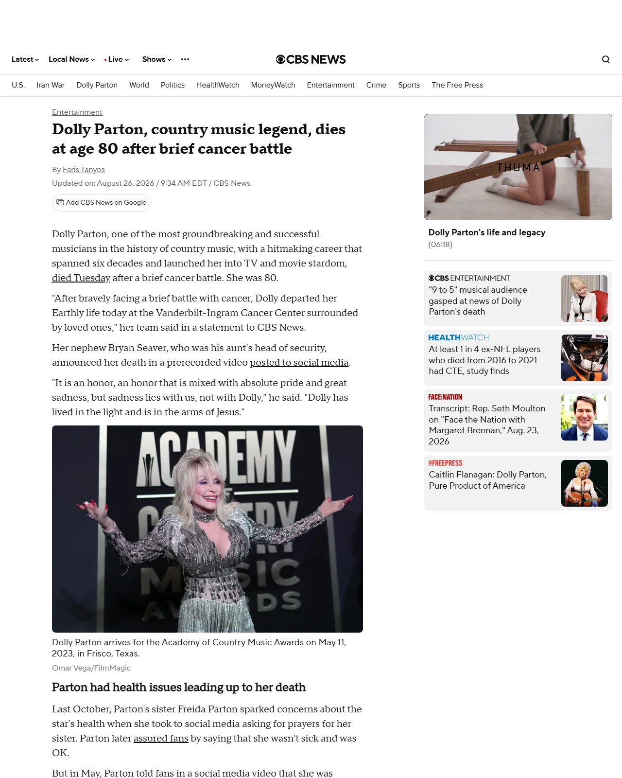 cbsnews.com as published: Dolly Parton, country music legend, dies at 80 after brief cancer battle