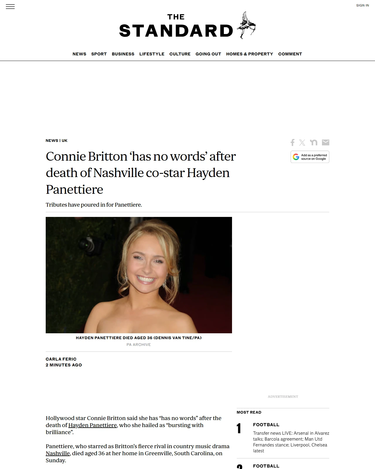 standard.co.uk as published: Connie Britton ‘has no words’ after death of Nashville co-star Hayden Panettiere