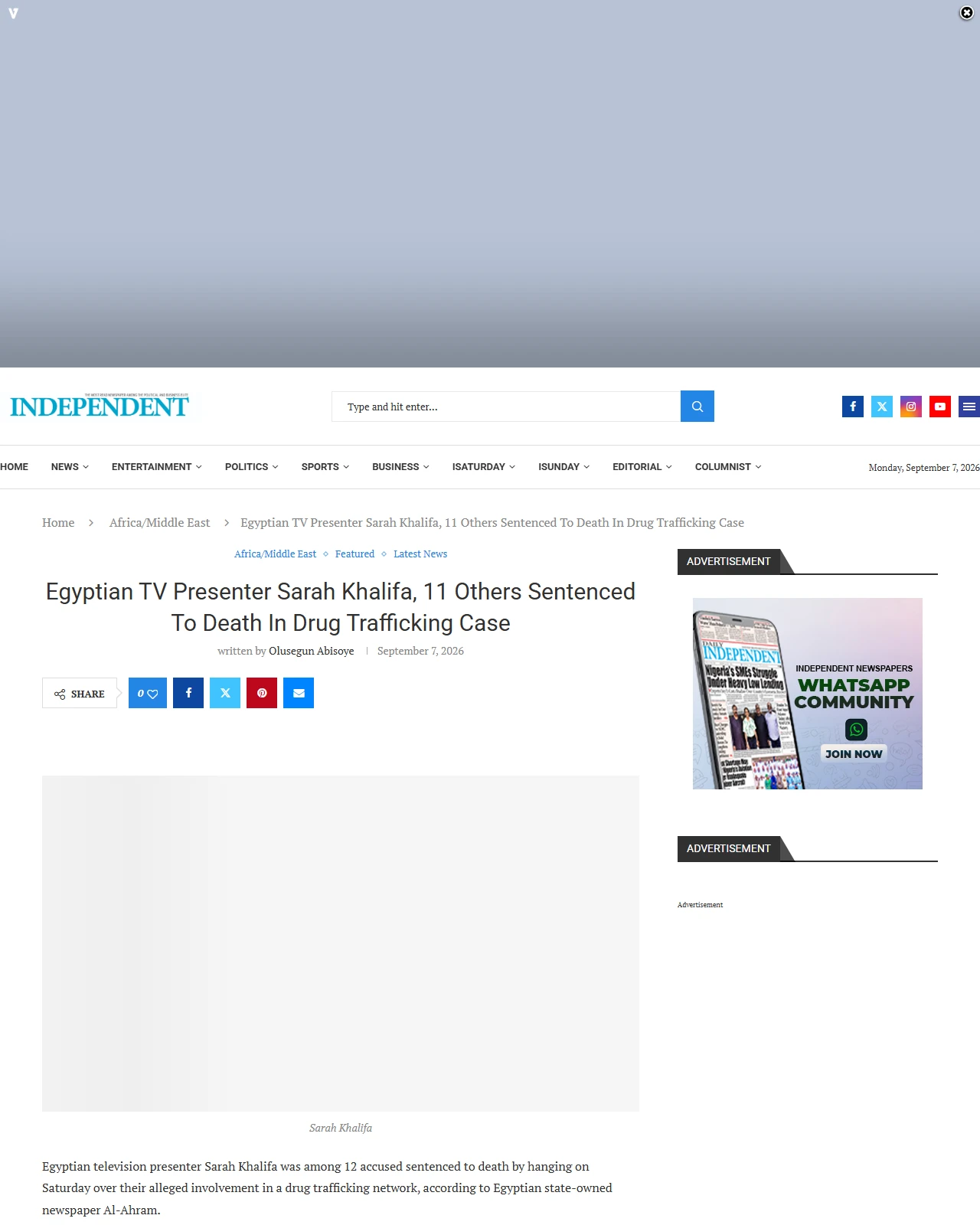 independent.ng as published: Egyptian TV Presenter Sarah Khalifa, 11 Others Sentenced To Death In Drug Trafficking Case