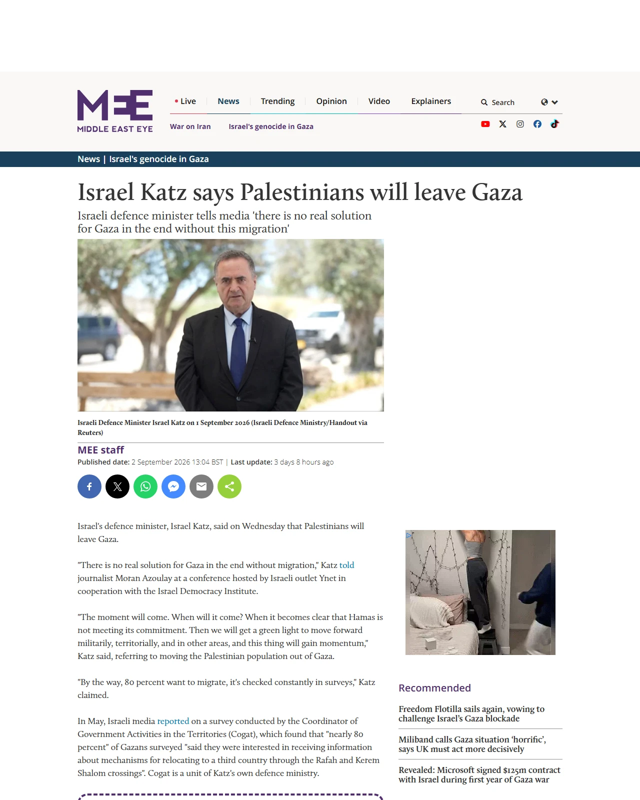 middleeasteye.net as published: Israel Katz says Palestinians will leave Gaza
