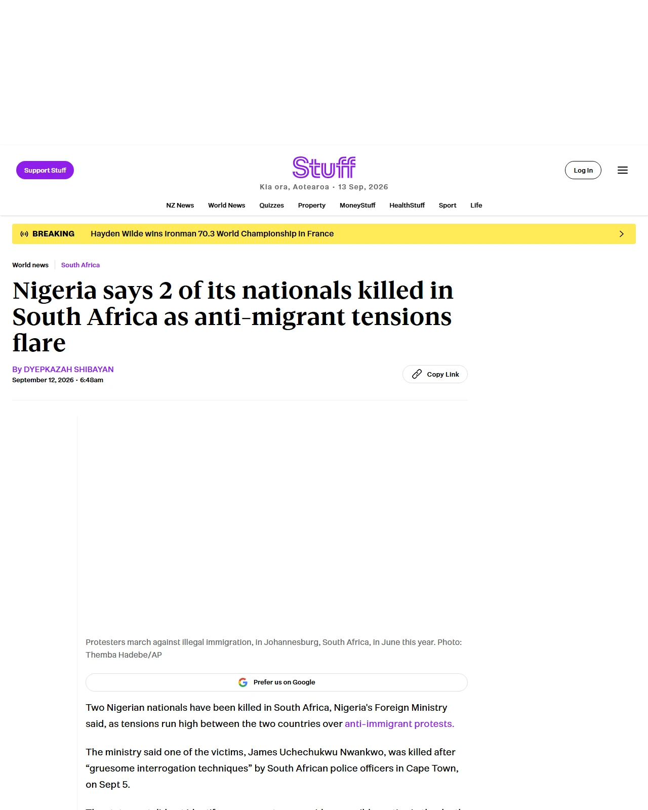 stuff.co.nz as published: Nigeria says 2 of its nationals killed in South Africa as anti-migrant tensions flare