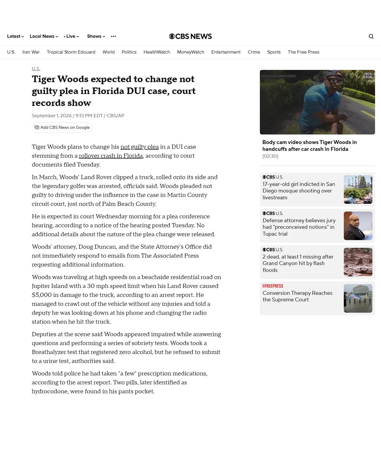 cbsnews.com as published: Tiger Woods to change not guilty plea in Florida DUI case, court records show