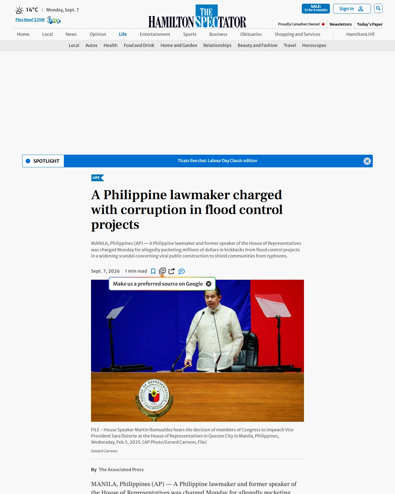 thespec.com as published: A Philippine lawmaker charged with corruption in flood control projects
