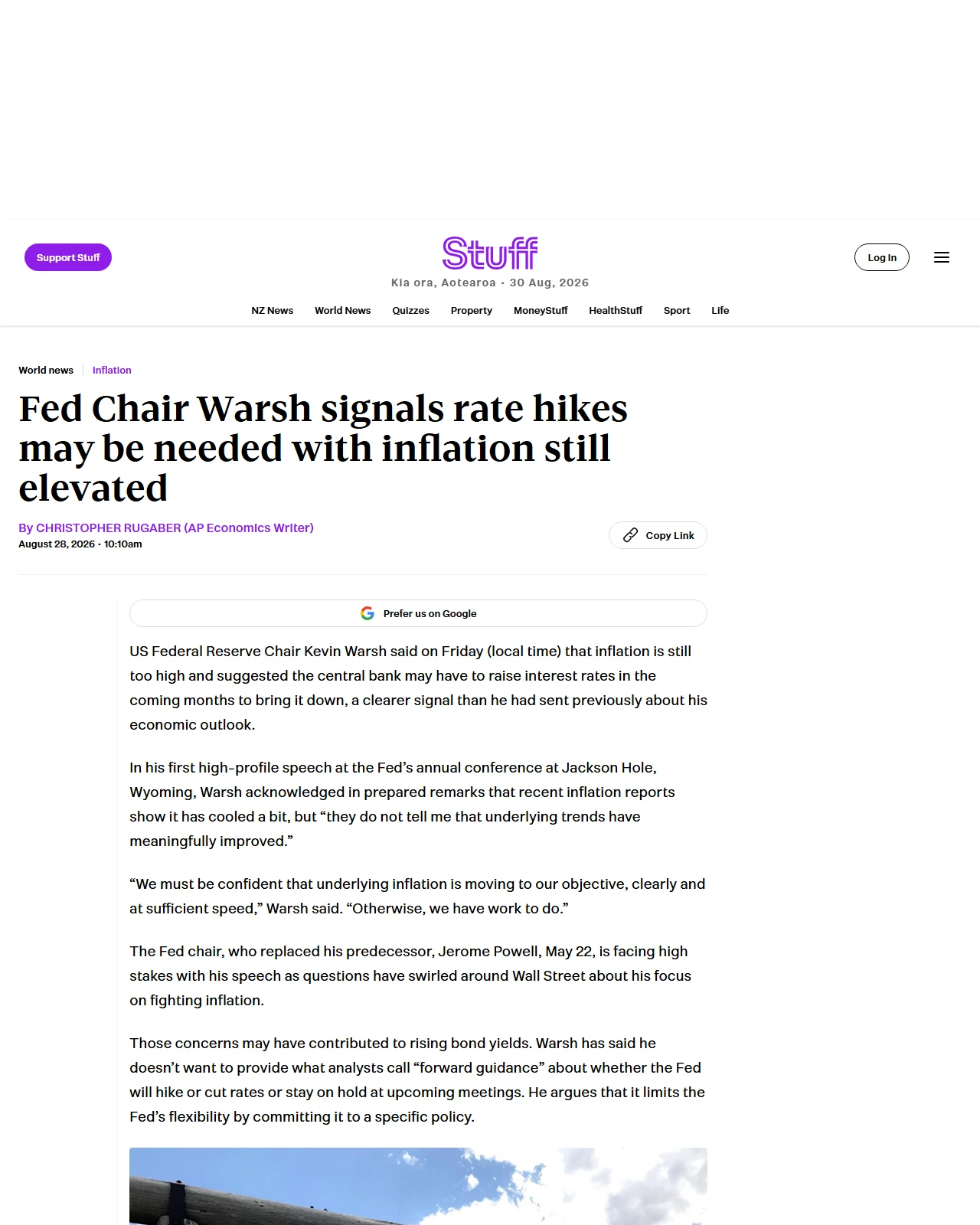 stuff.co.nz as published: Fed Chair Warsh signals rate hikes may be needed with inflation still elevated