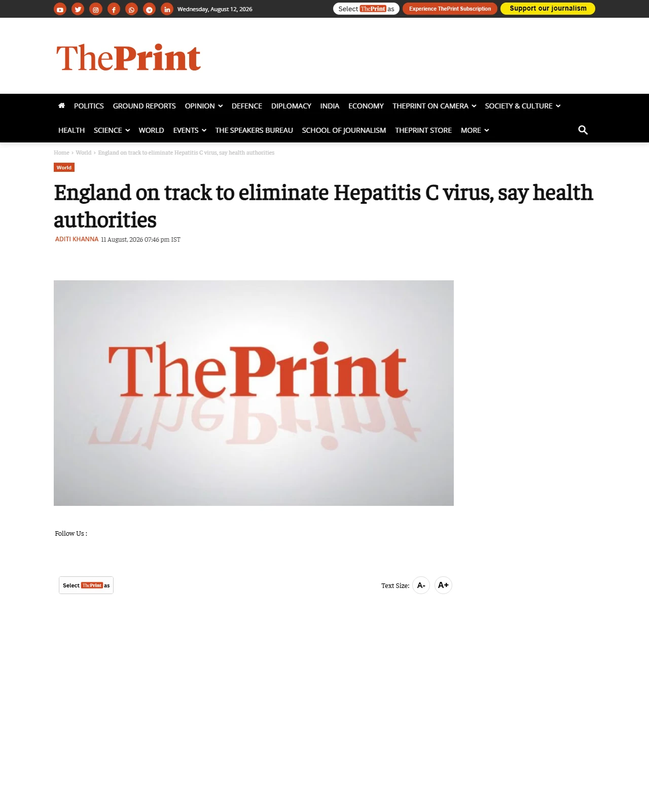 theprint.in as published: England on track to eliminate Hepatitis C virus, say health authorities