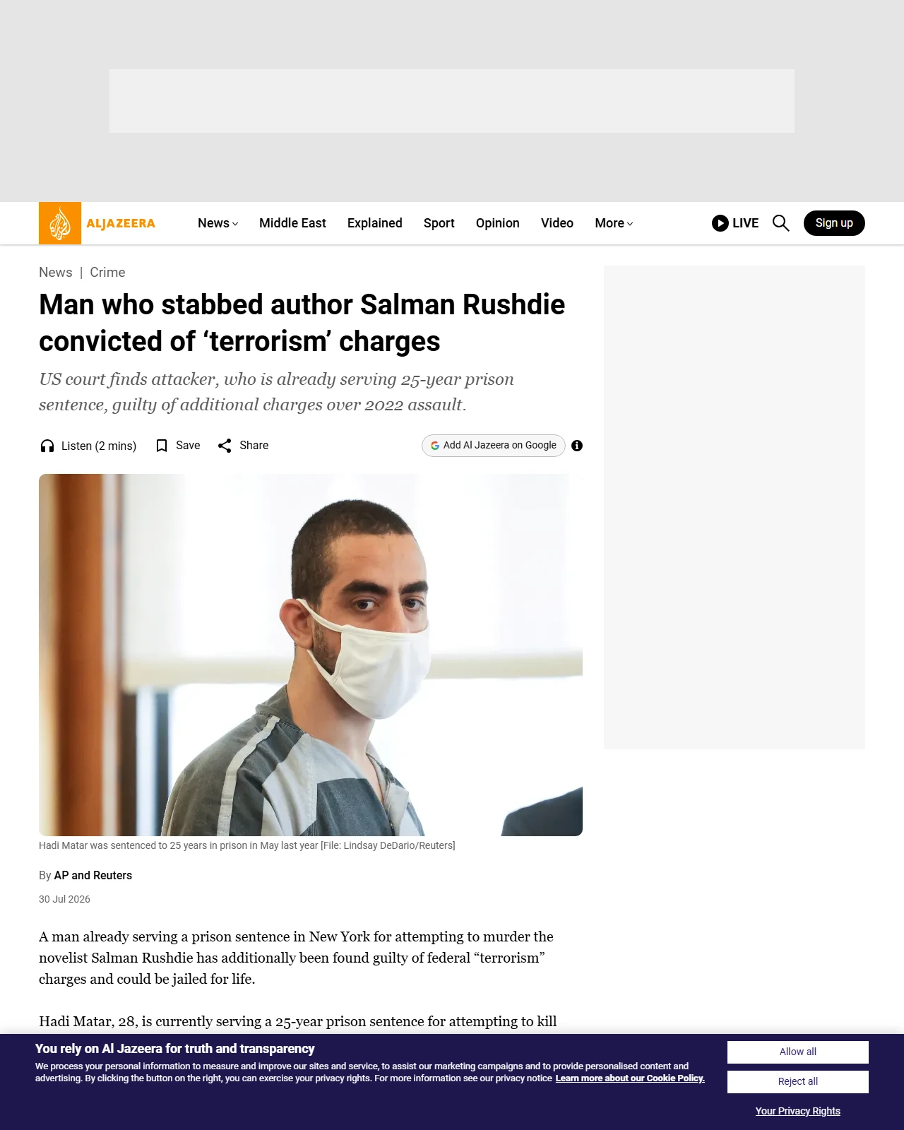 aljazeera.com as published: Man who stabbed author Salman Rushdie convicted of ‘terrorism’ charges