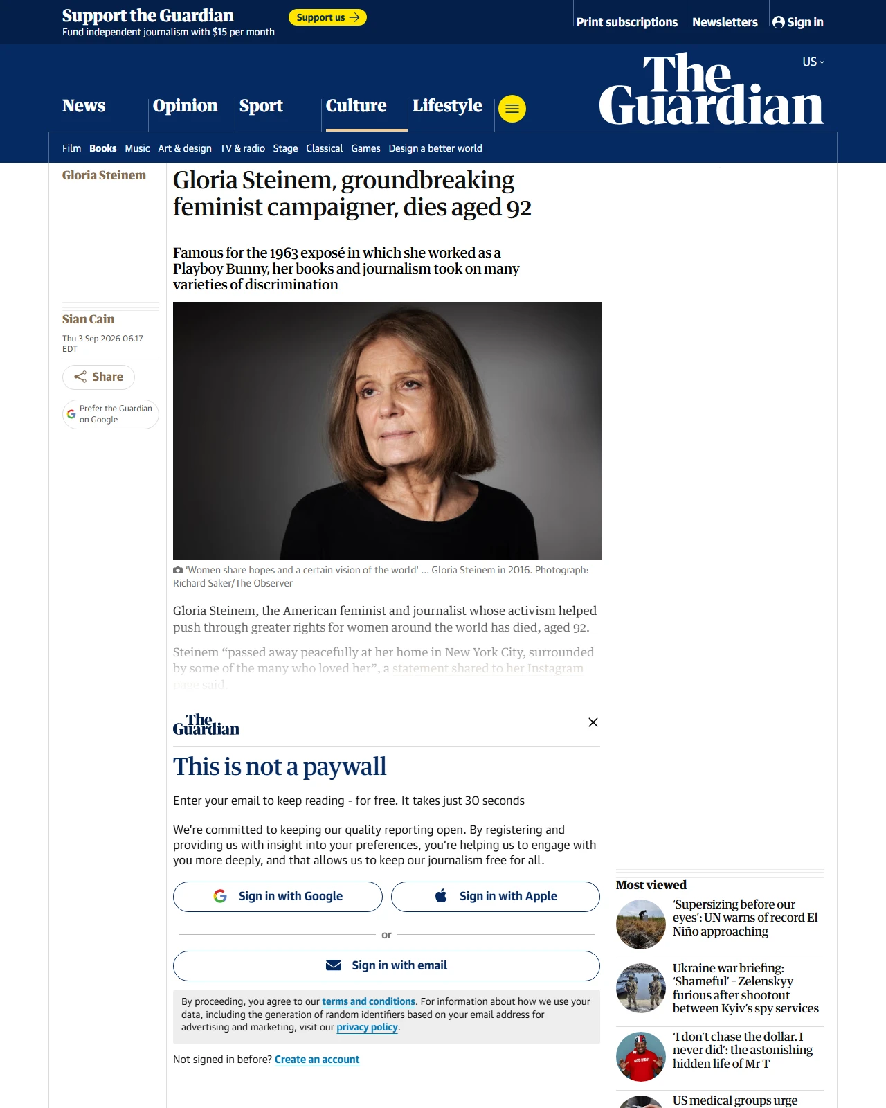 theguardian.com as published: Gloria Steinem, groundbreaking feminist campaigner, dies aged 92