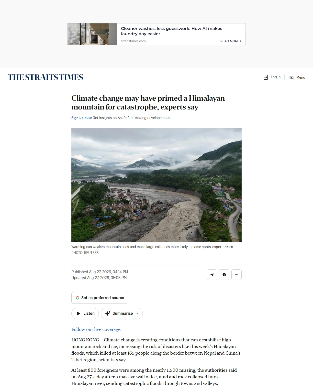 straitstimes.com as published: Climate change may have primed a Himalayan mountain for catastrophe, experts say