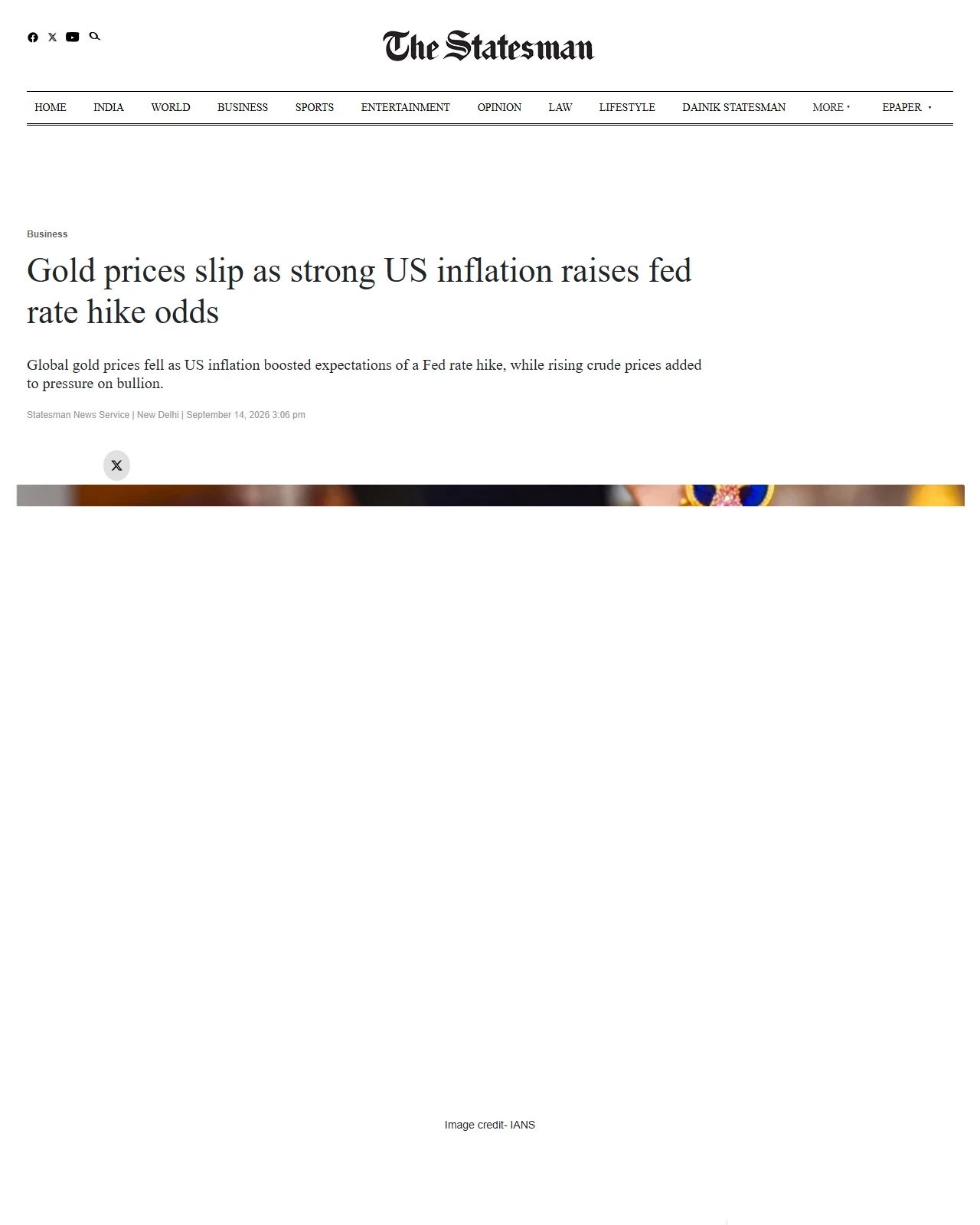 thestatesman.com as published: Gold prices slip as strong US inflation raises fed rate hike odds