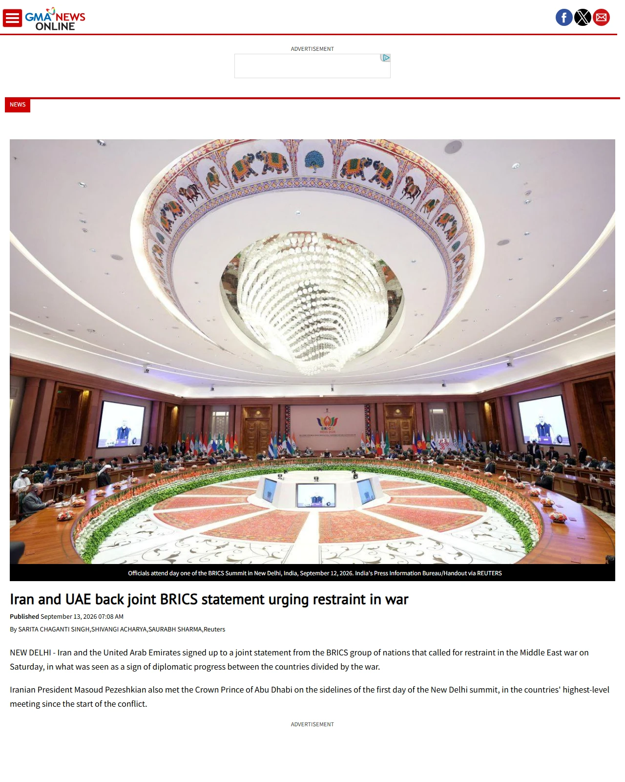gmanetwork.com as published: Iran and UAE back joint BRICS statement urging restraint in war