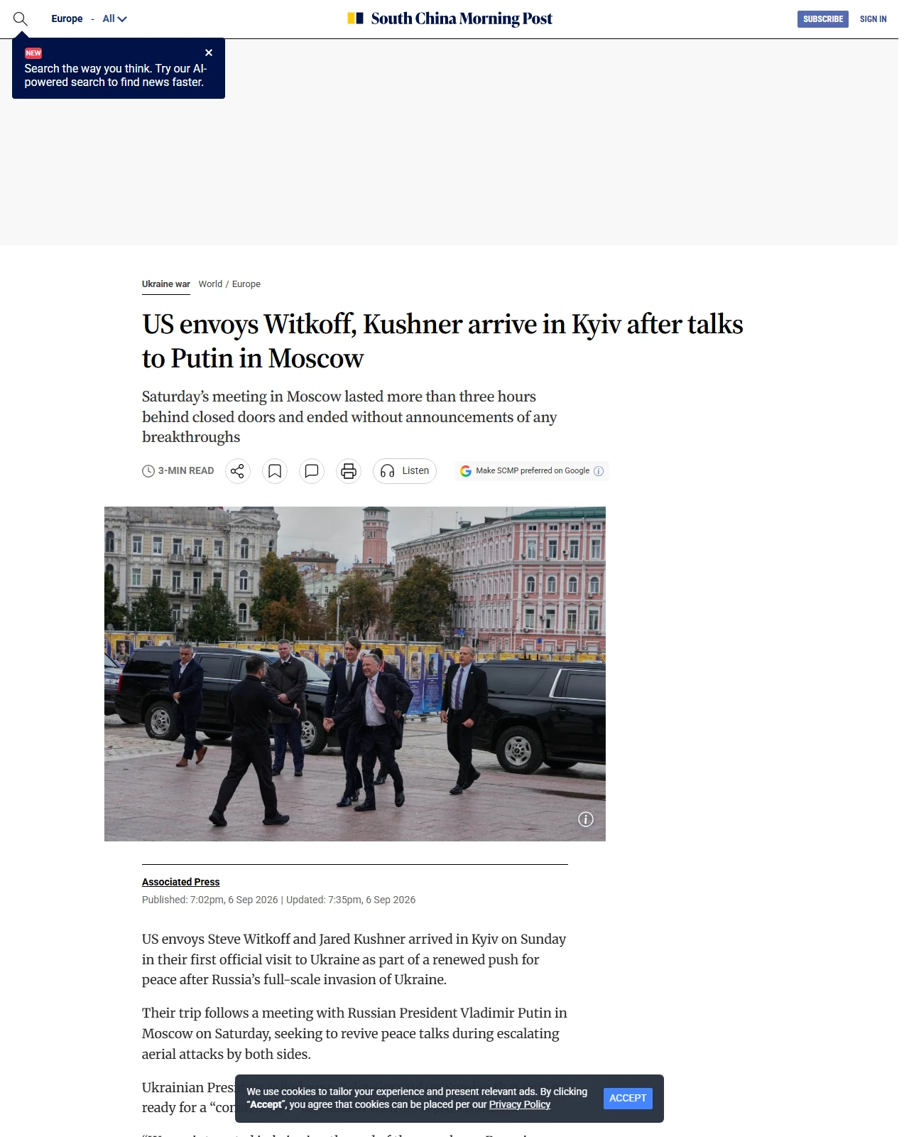 scmp.com as published: US envoys Witkoff, Kushner arrive in Kyiv after talks to Putin in Moscow