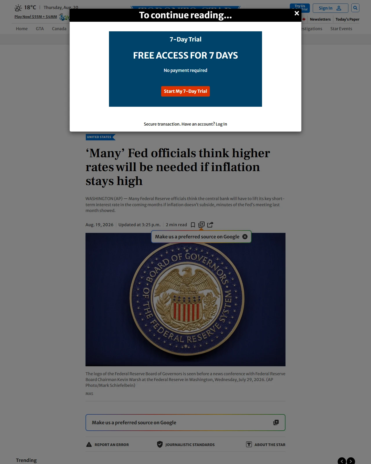 thestar.com as published: ‘Many’ Fed officials think higher rates will be needed if inflation stays high