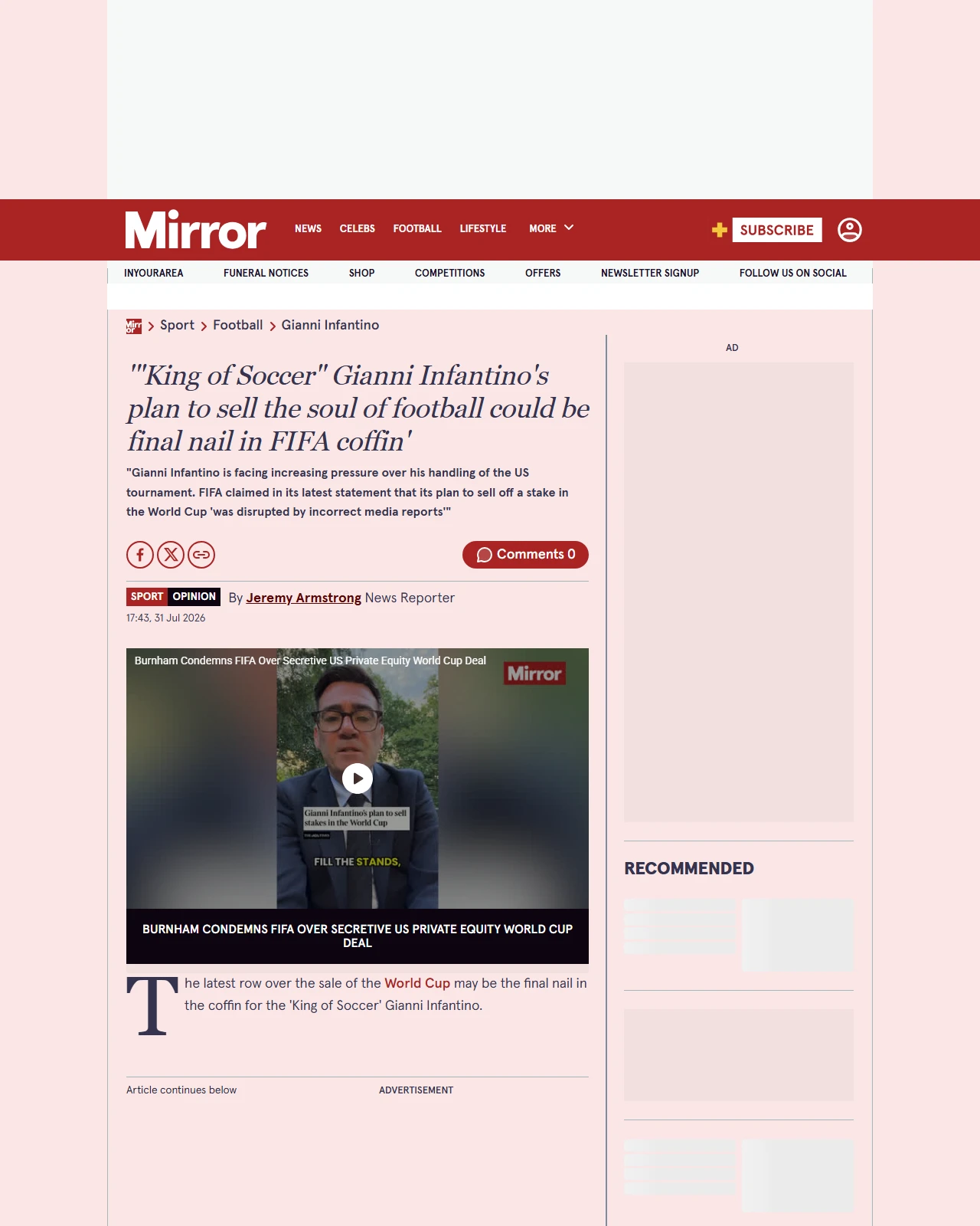 mirror.co.uk as published: '"King of Soccer" Gianni Infantino's plan to sell the soul of football could be final nail in FIFA coffin'