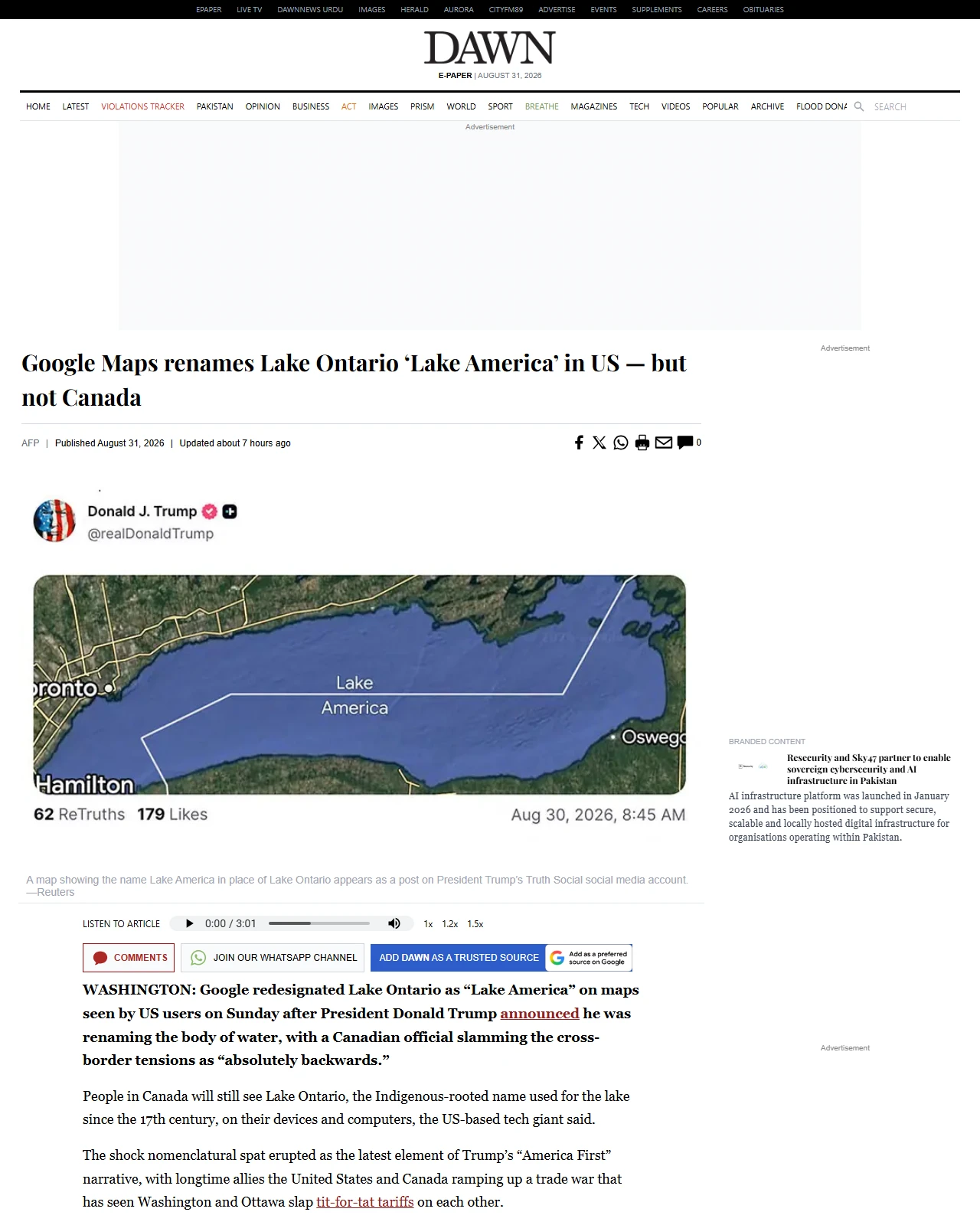dawn.com as published: Google Maps renames Lake Ontario ‘Lake America’ in US — but not Canada