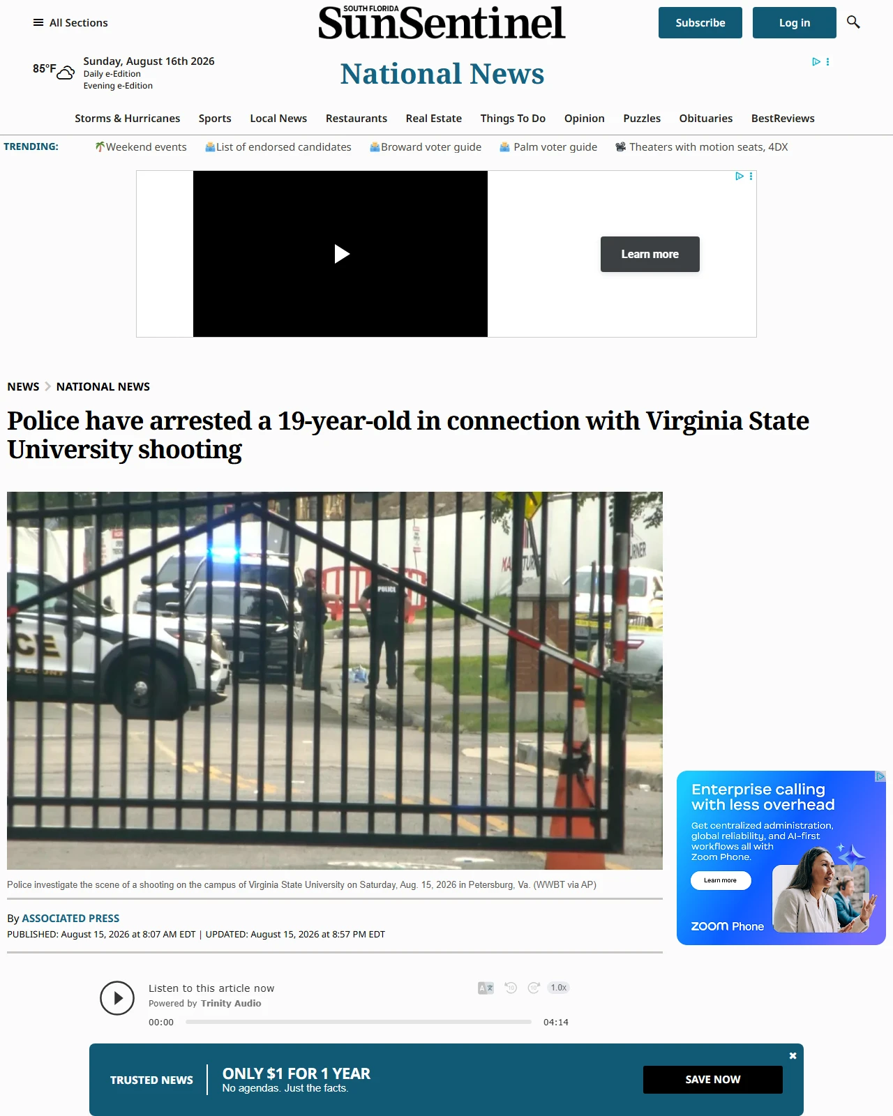sun-sentinel.com as published: Police have arrested a 19-year-old in connection with Virginia State University shooting