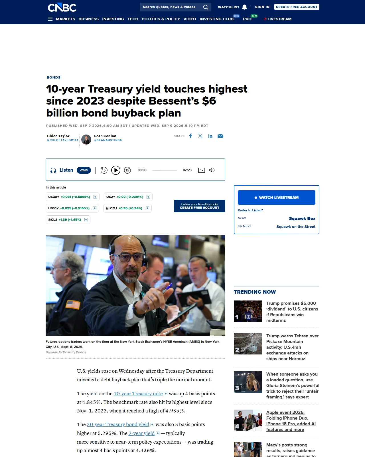 cnbc.com as published: 10-year Treasury yield touches highest since 2023 despite Bessent's $6 billion bond buyback plan