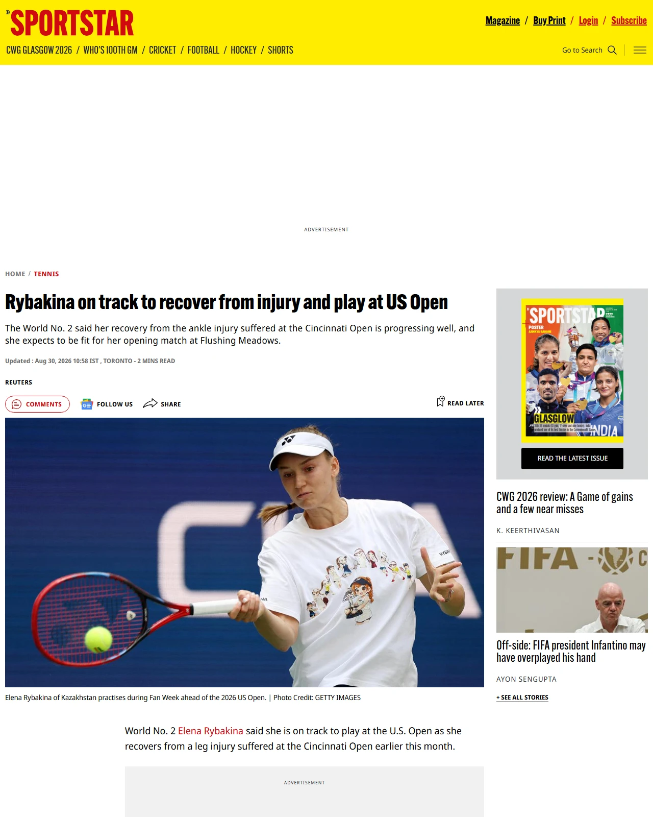sportstar.thehindu.com as published: Elena Rybakina confident of playing U.S. Open despite ankle injury