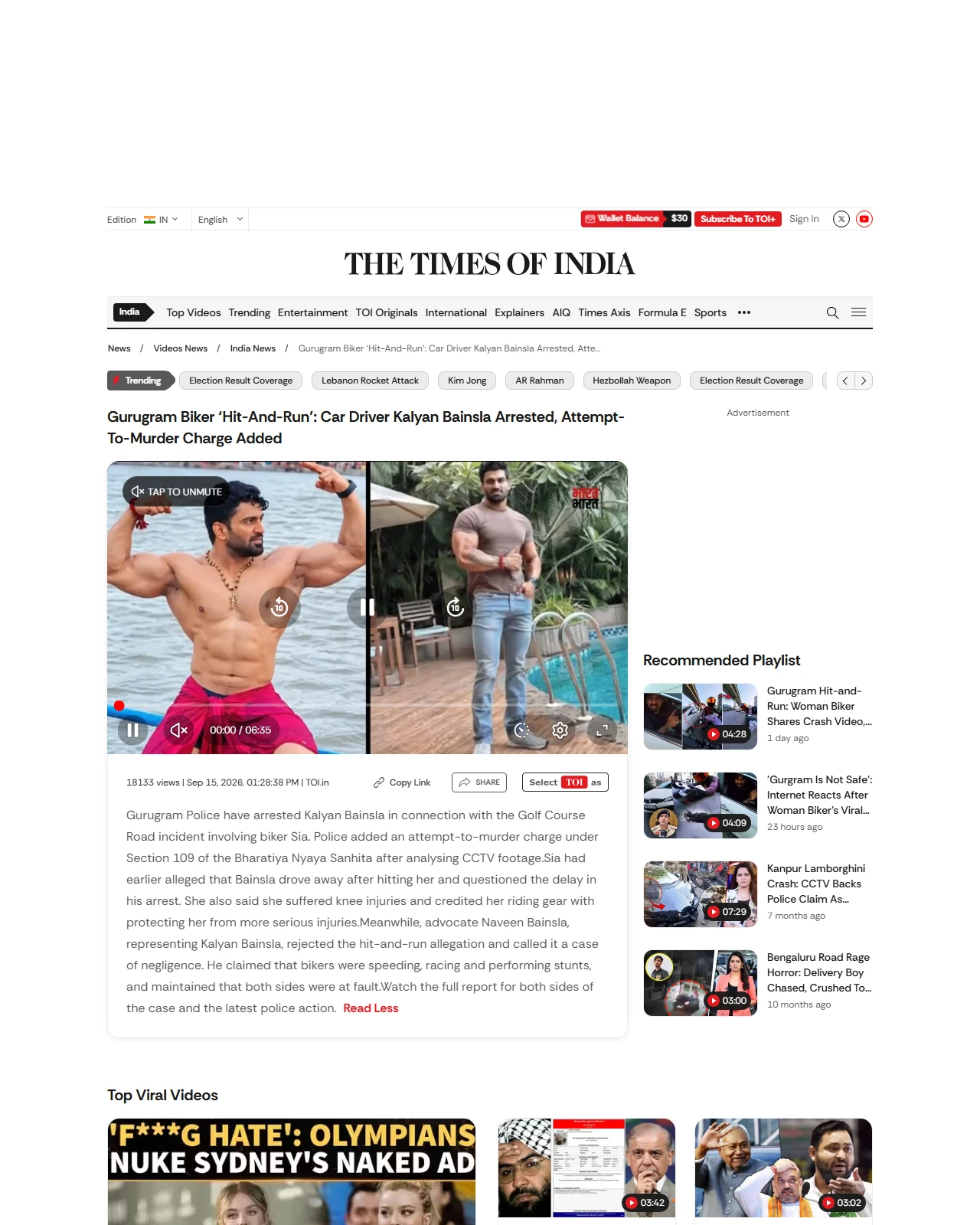 timesofindia.indiatimes.com as published: Gurugram Biker ‘Hit-And-Run’: Car Driver Kalyan Bainsla Arrested, Attempt-To-Murder Charge Added