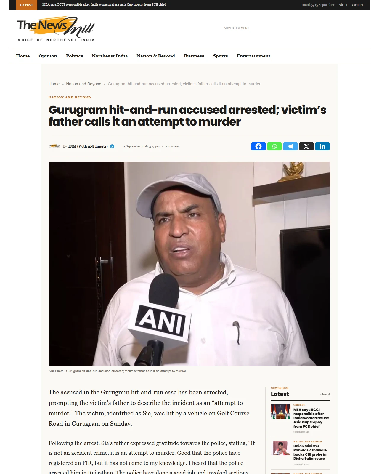 thenewsmill.com as published: Gurugram hit-and-run accused arrested; victim’s father calls it an attempt to murder