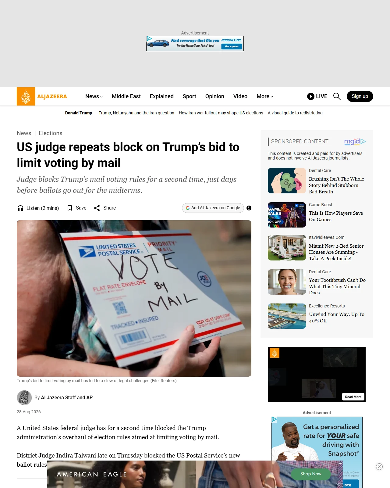 aljazeera.com as published: US judge repeats block on Trump’s bid to limit voting by mail