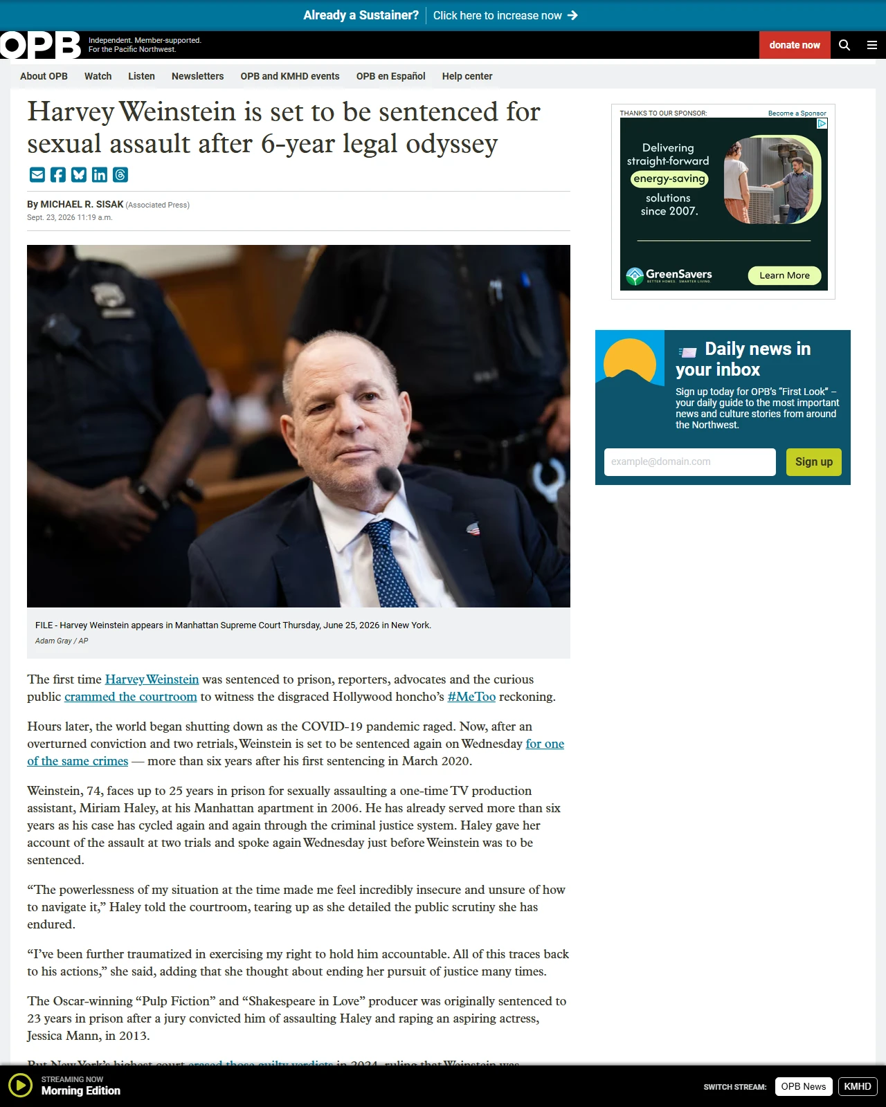 opb.org as published: Harvey Weinstein is set to be sentenced for sexual assault after 6-year legal odyssey - Oregon Public Broadcasting