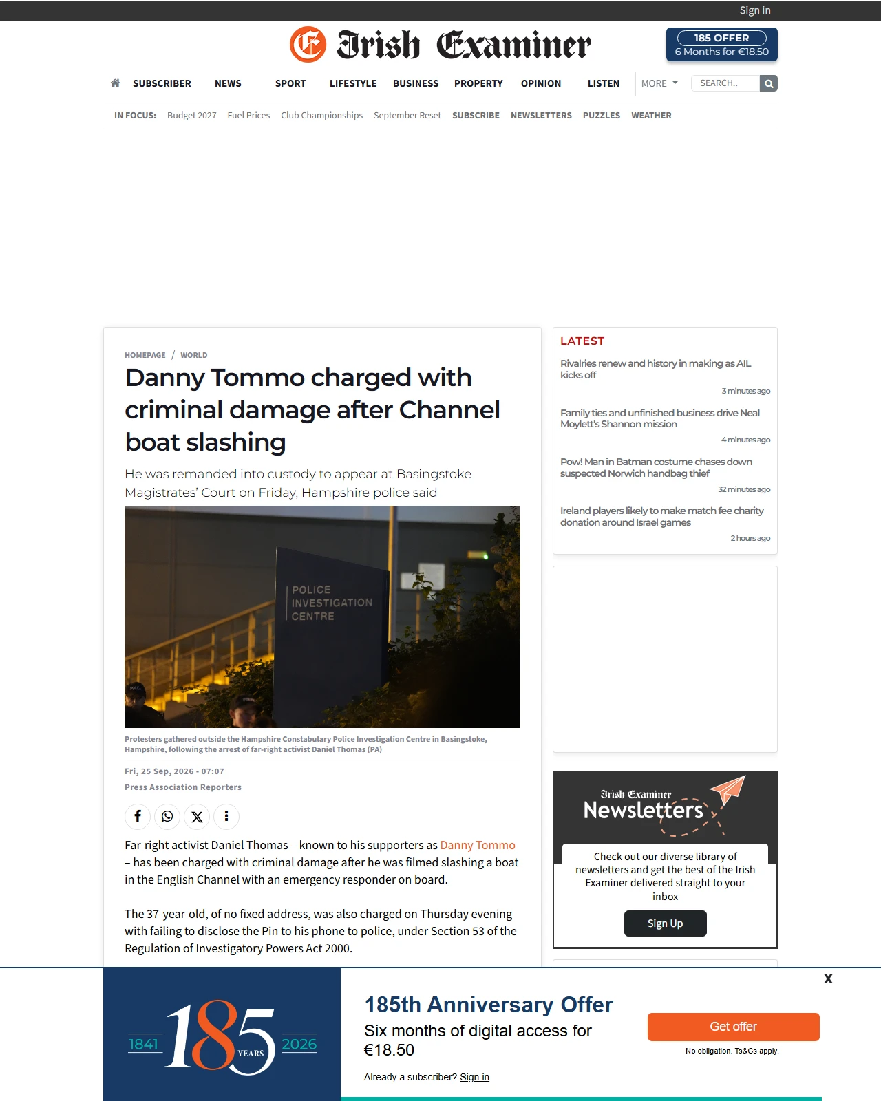 irishexaminer.com as published: Danny Tommo charged with criminal damage after Channel boat slashing