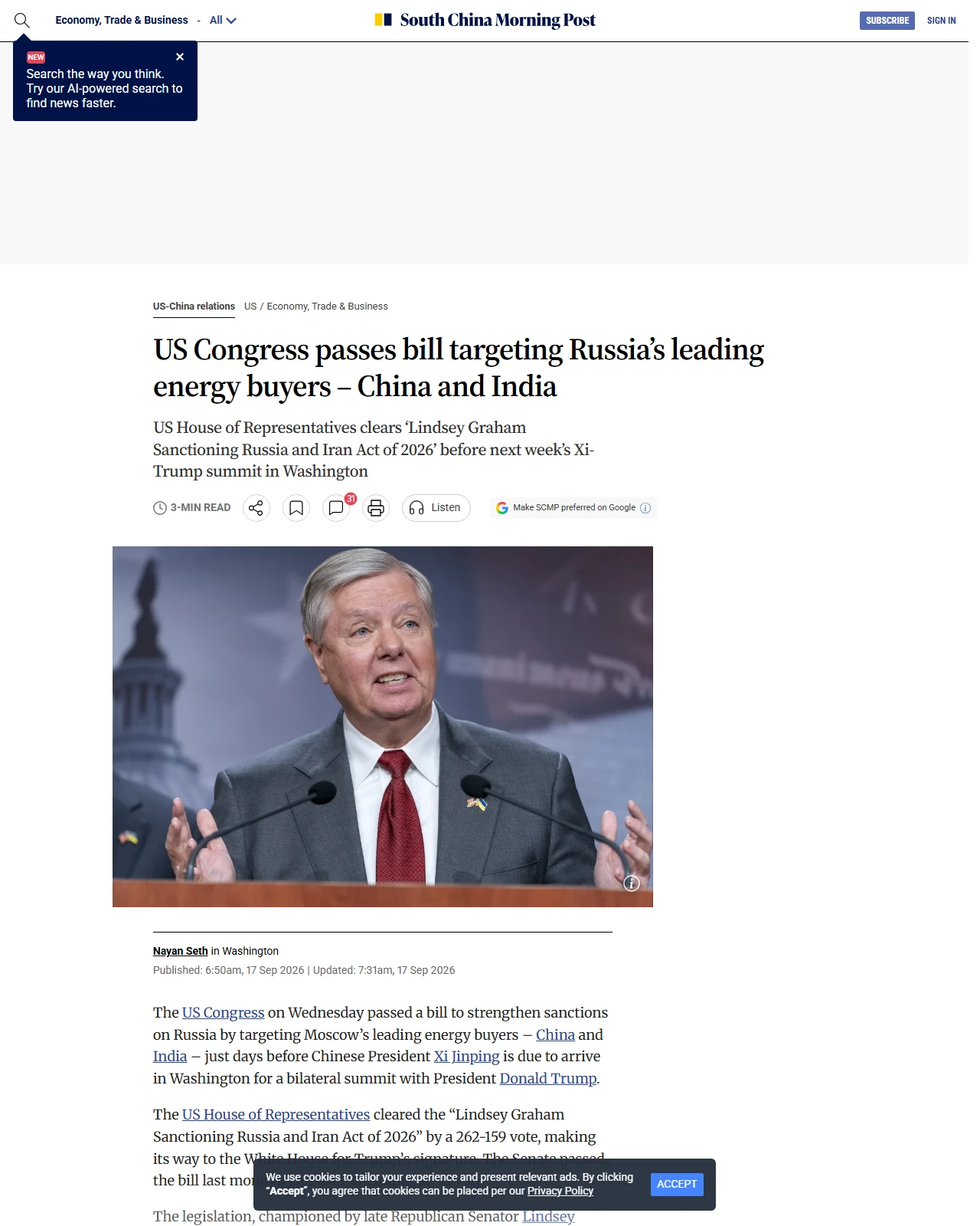 scmp.com as published: US Congress passes bill targeting Russia’s leading energy buyers – China and India